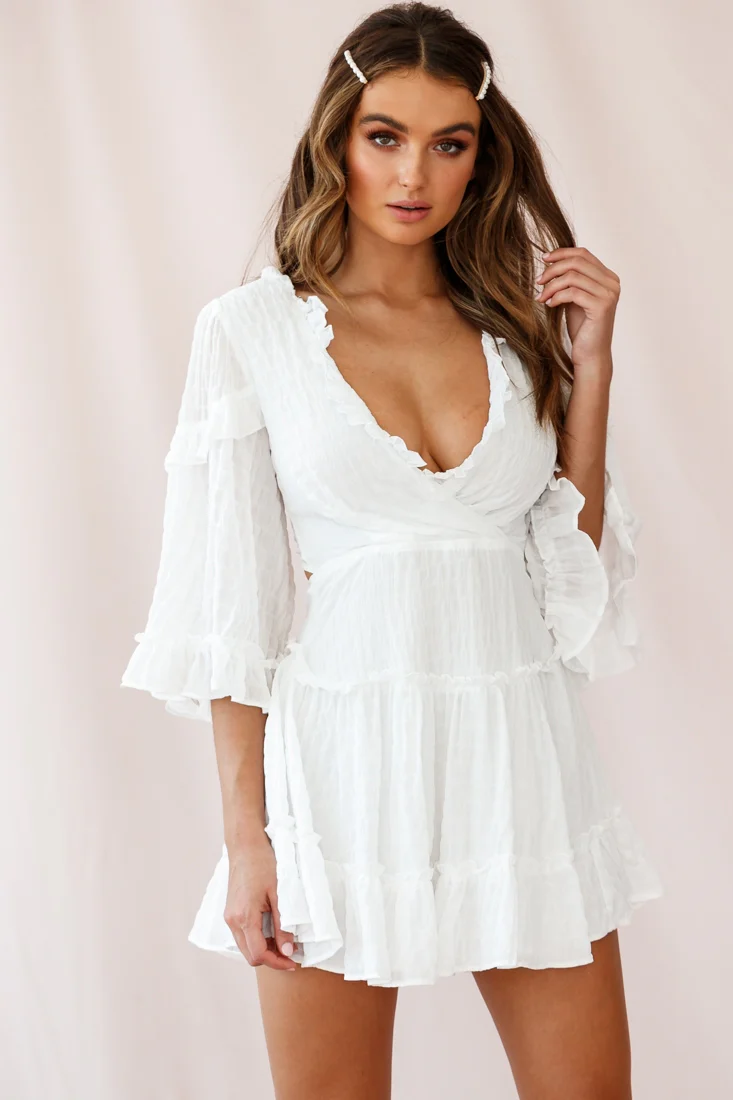 Albany Lace Up Back Frill Dress Puckered Fabric White - Sonourner