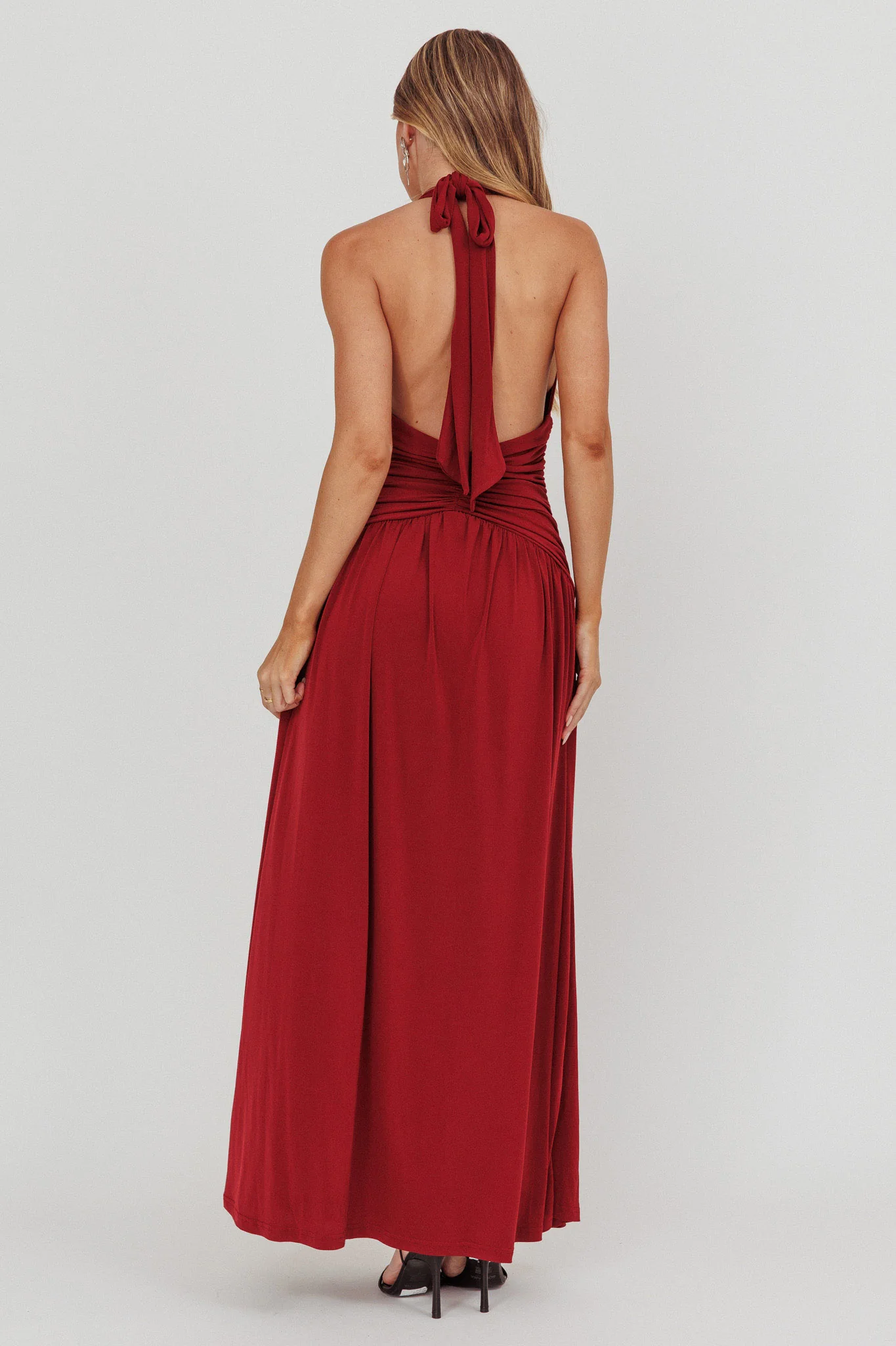 Italia Azure Gathered Waist Maxi Dress Wine - Sonourner