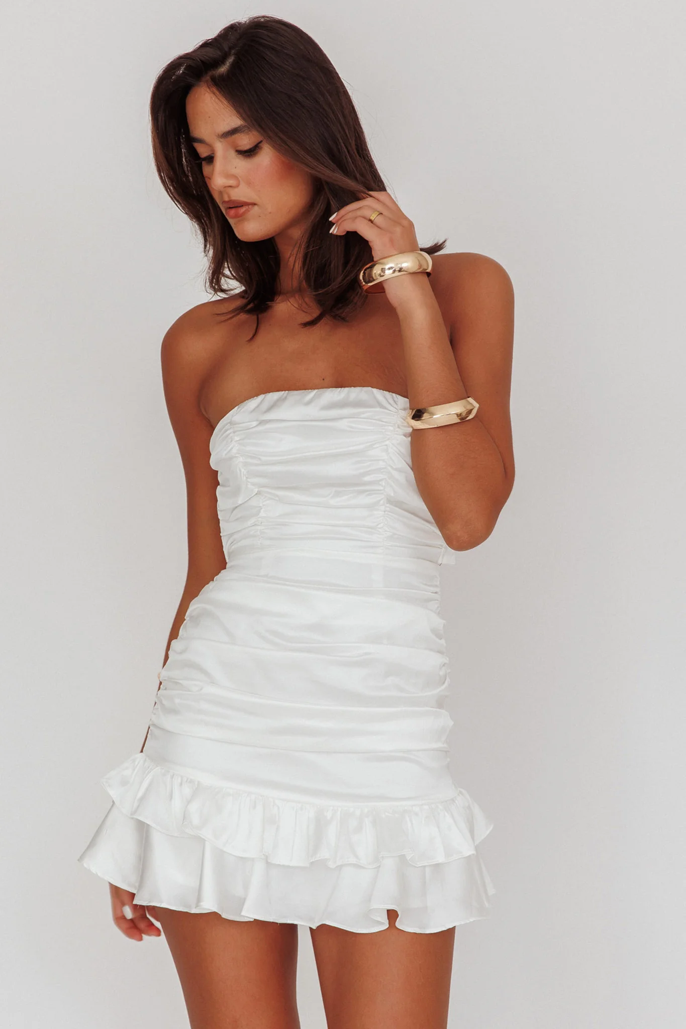 Annabella Strapless Tied Back Satin Mini Dress White - Sonourner