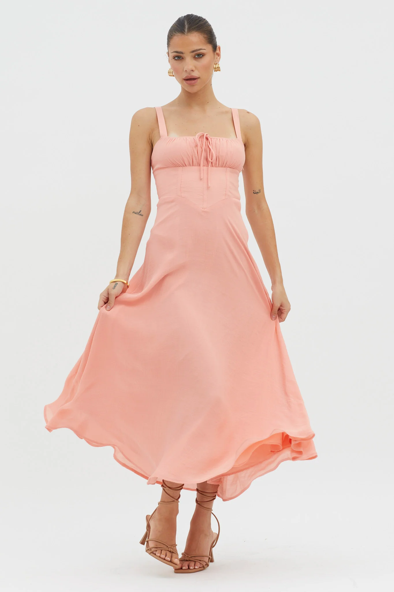 Sweet Pea Tied Bust A-Line Midi Dress Peach - Sonourner