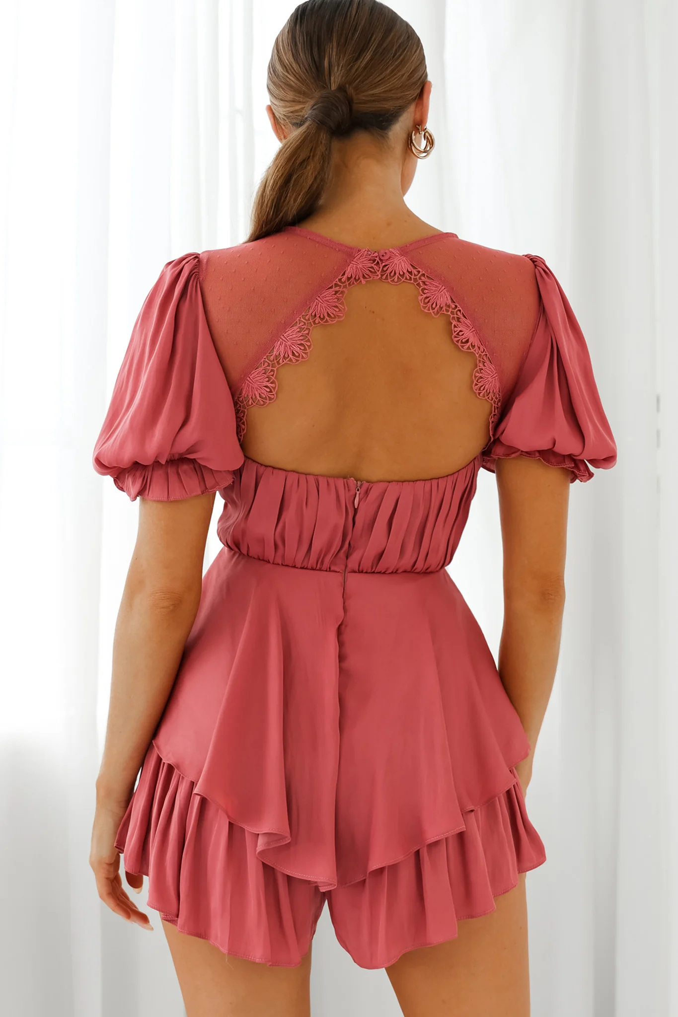 L'amour Lace Mesh Bust Puff Sleeve Romper Rose - Sonourner