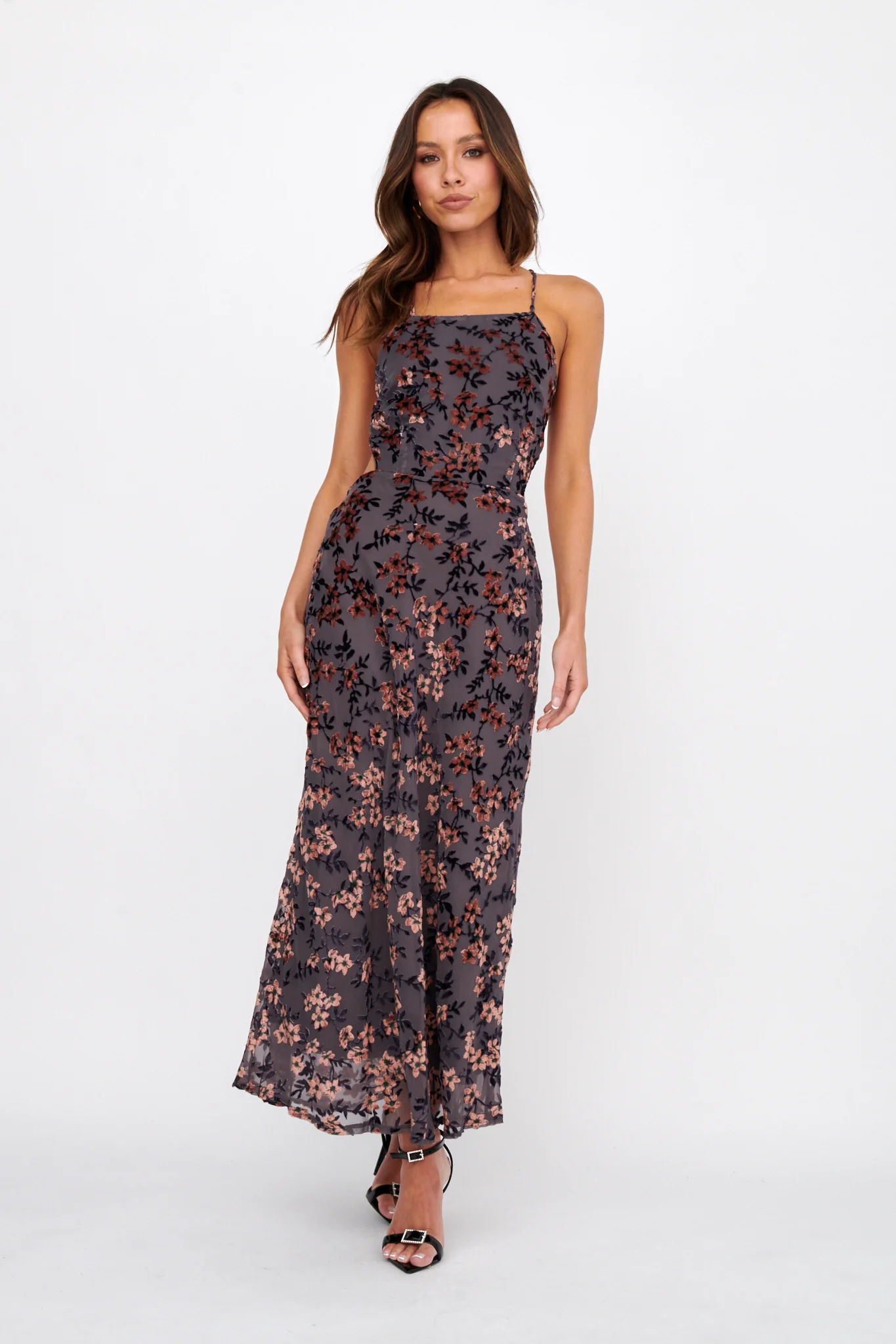 Alexandria Open Back Velour Floral Midi Dress Black/Orange - Sonourner