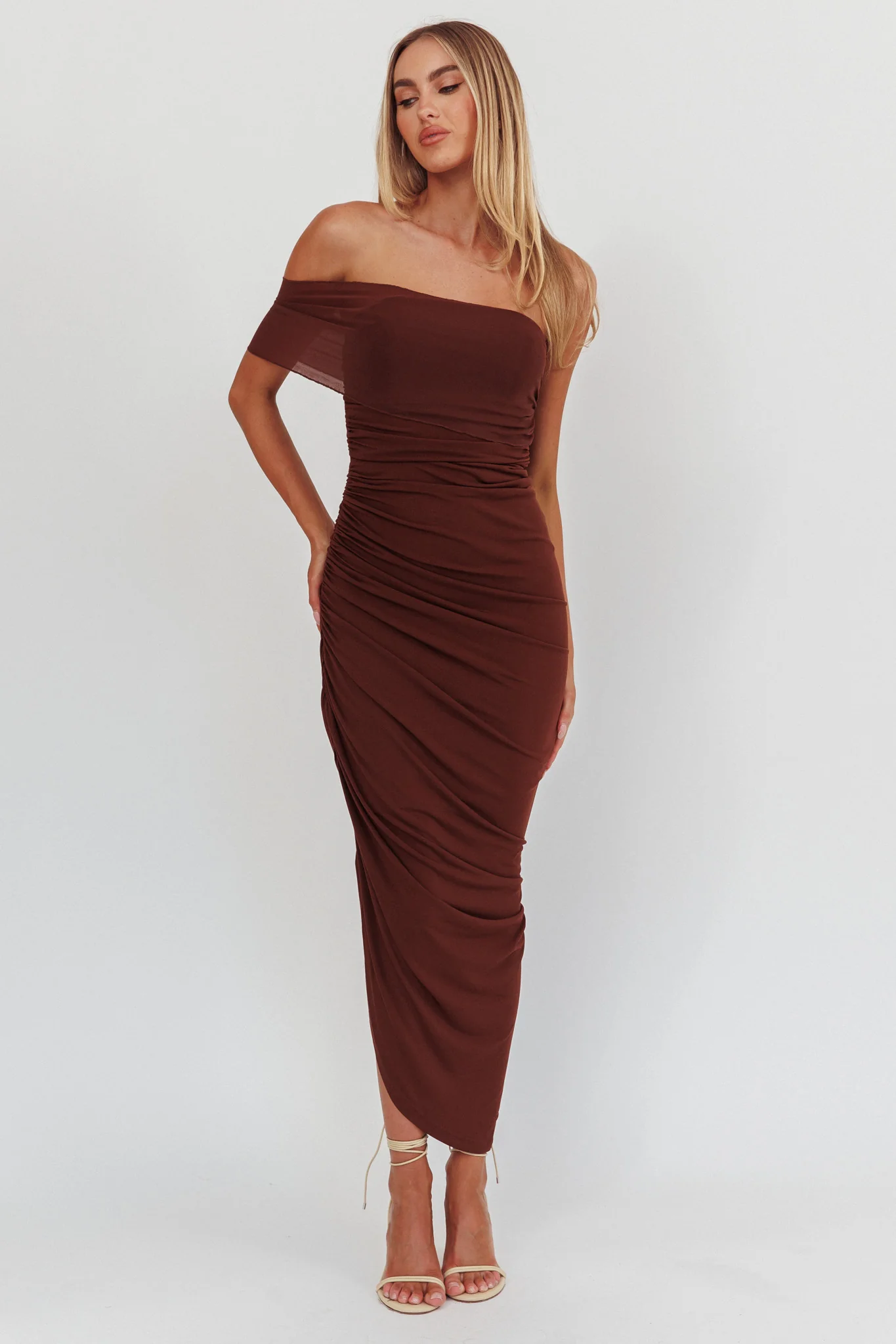 Matches One Shoulder Bodycon Maxi Dress Chocolate - Sonourner