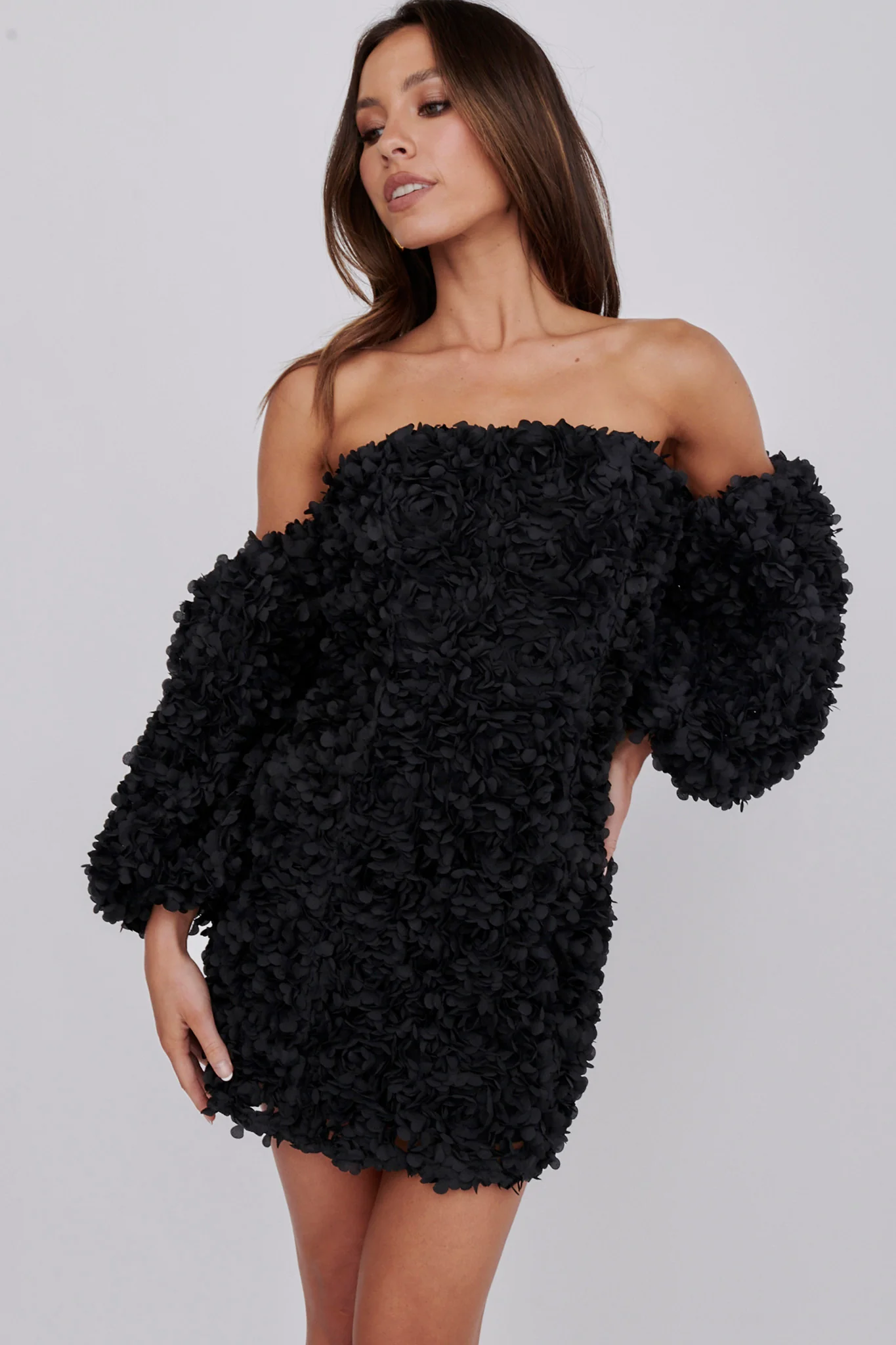 Vive La Rose Off-Shoulder Embellished Mini Dress Black - Sonourner