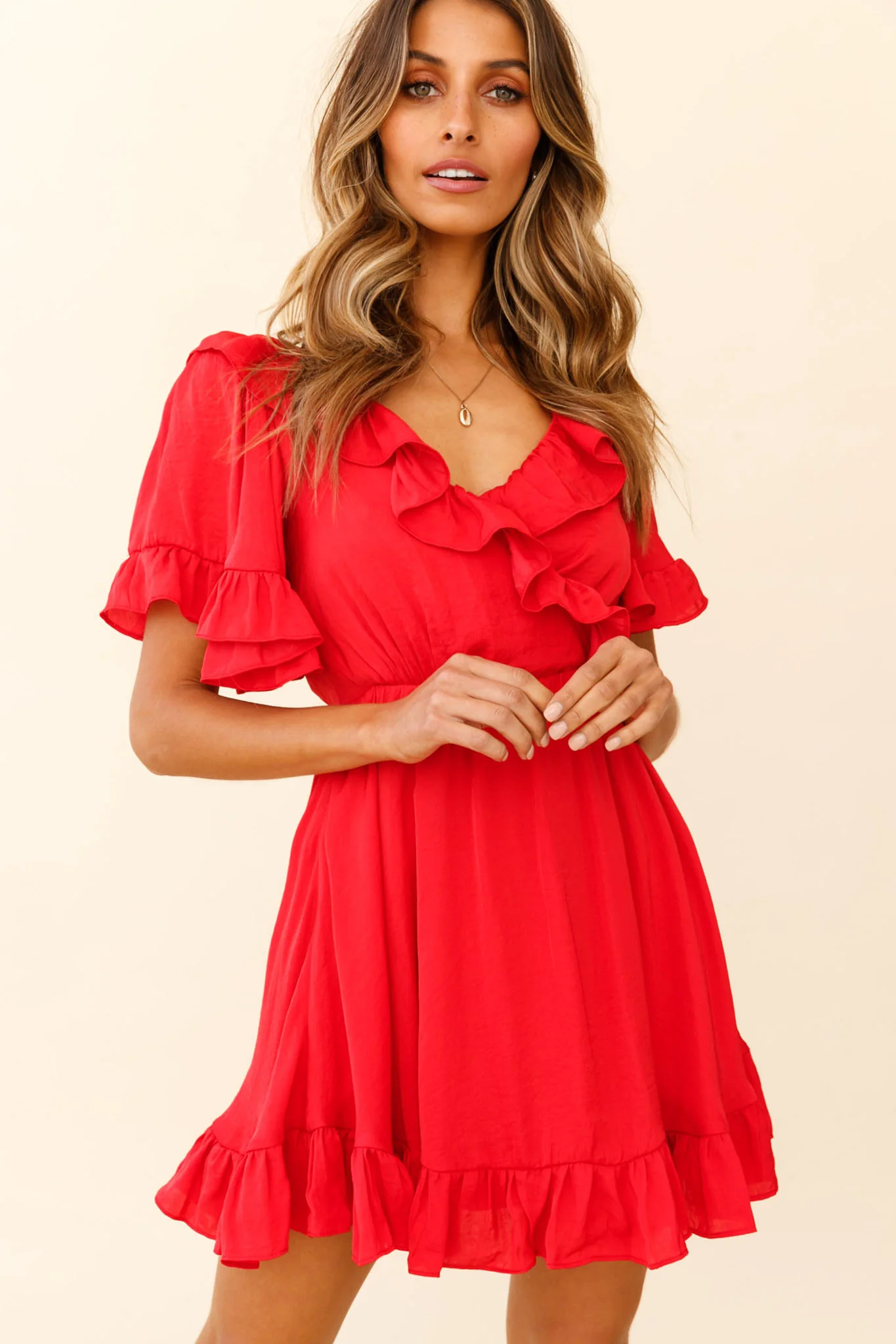 Malika Angel Sleeve Ruffle Trim Dress Red - Sonourner