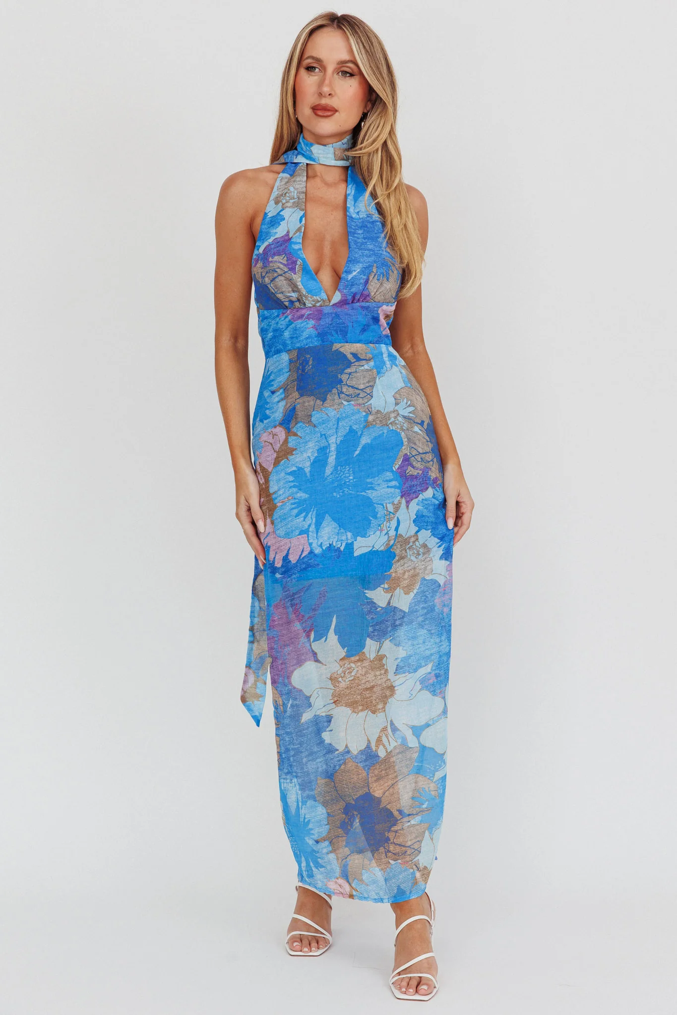 Cipriana Backless Halter Maxi Dress Floral Blue - Sonourner