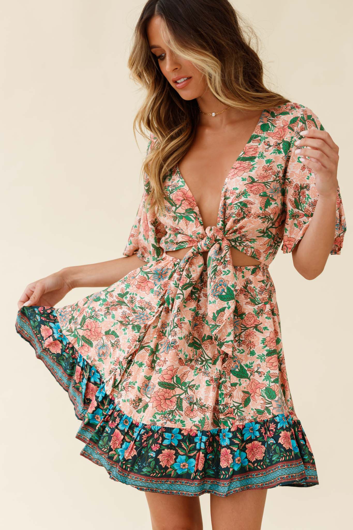 Suva Tie-Knot Bust A-Line Dress Botanic Print Nude - Sonourner