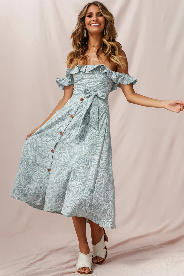 Matisse Off-Shoulder Placket Dress Sage Pattern - Sonourner