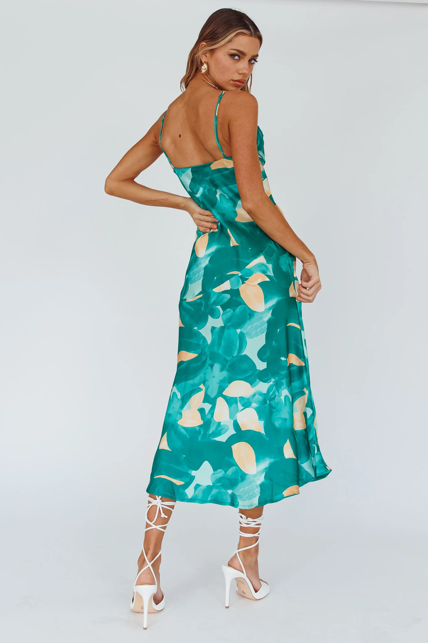 Well Versed Pleated Bust Front Split Dress Flora Green - Sonourner