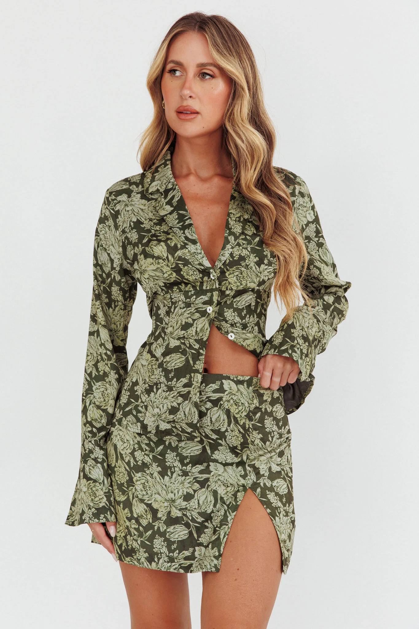 Palmas Split Mini Skirt Floral Olive - Sonourner