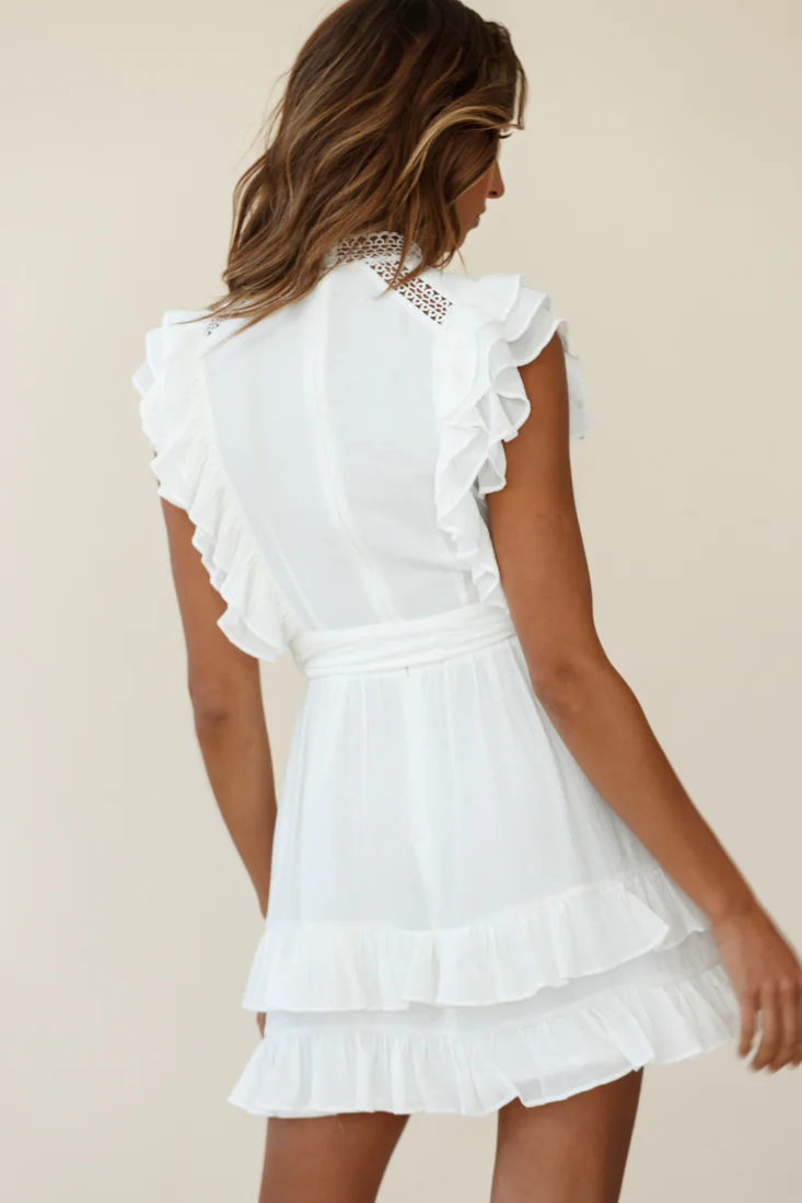 Oakland High Neck Ruffle Detail Dress White - Sonourner