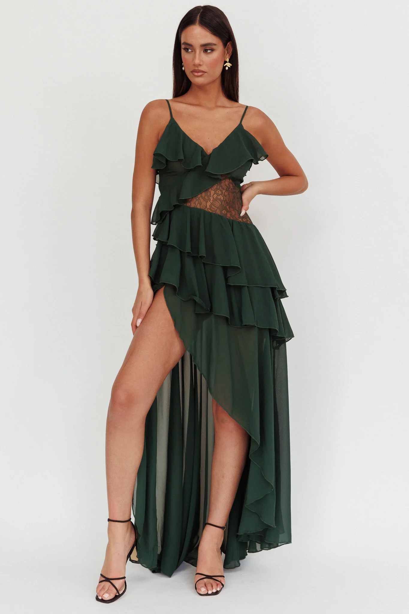 Amaretto Lace Waist Ruffle Maxi Dress Hunter Green - Sonourner