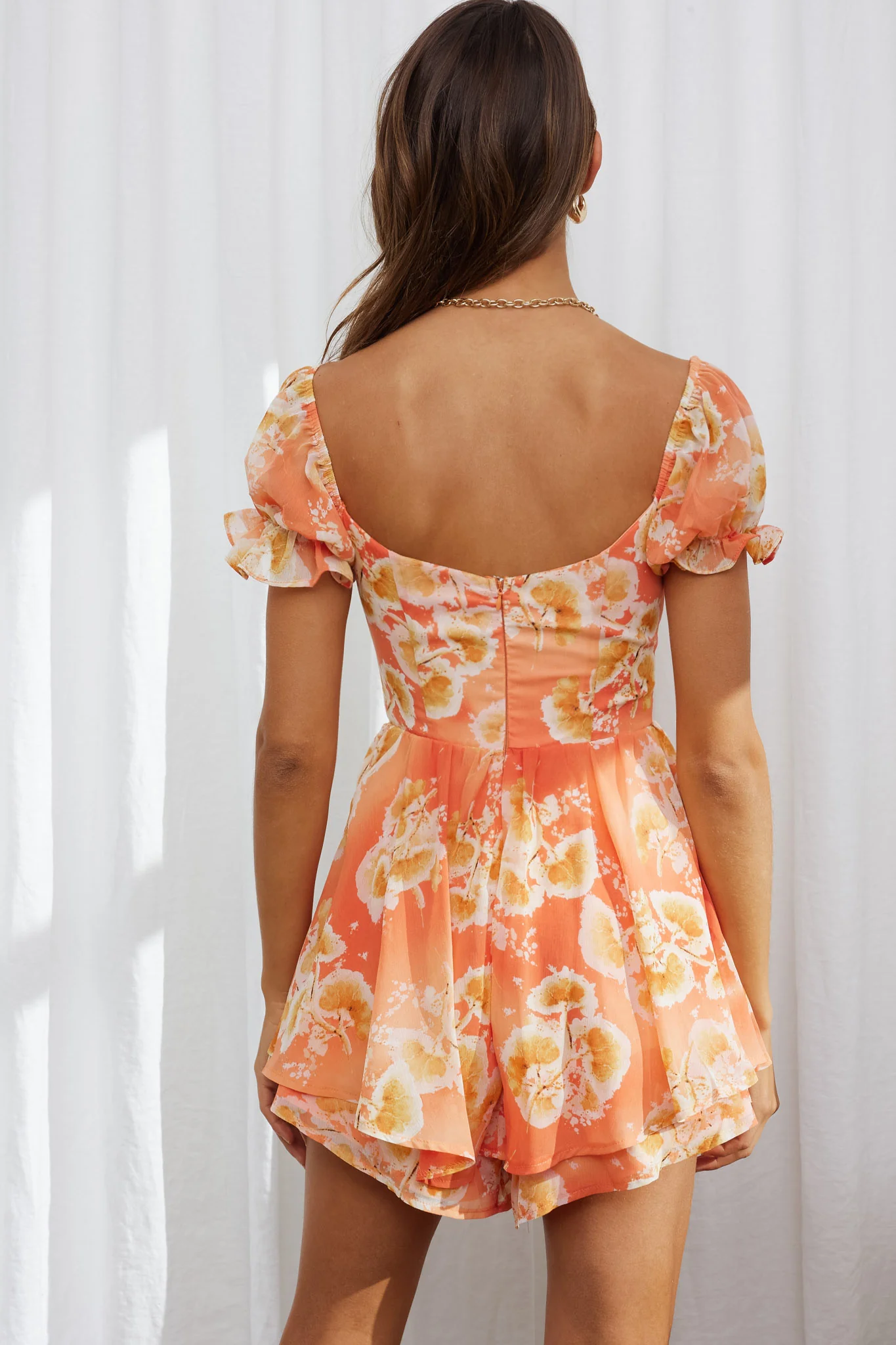 Sweet Romance Puff Sleeve Romper Watercolor Print Rust - Sonourner