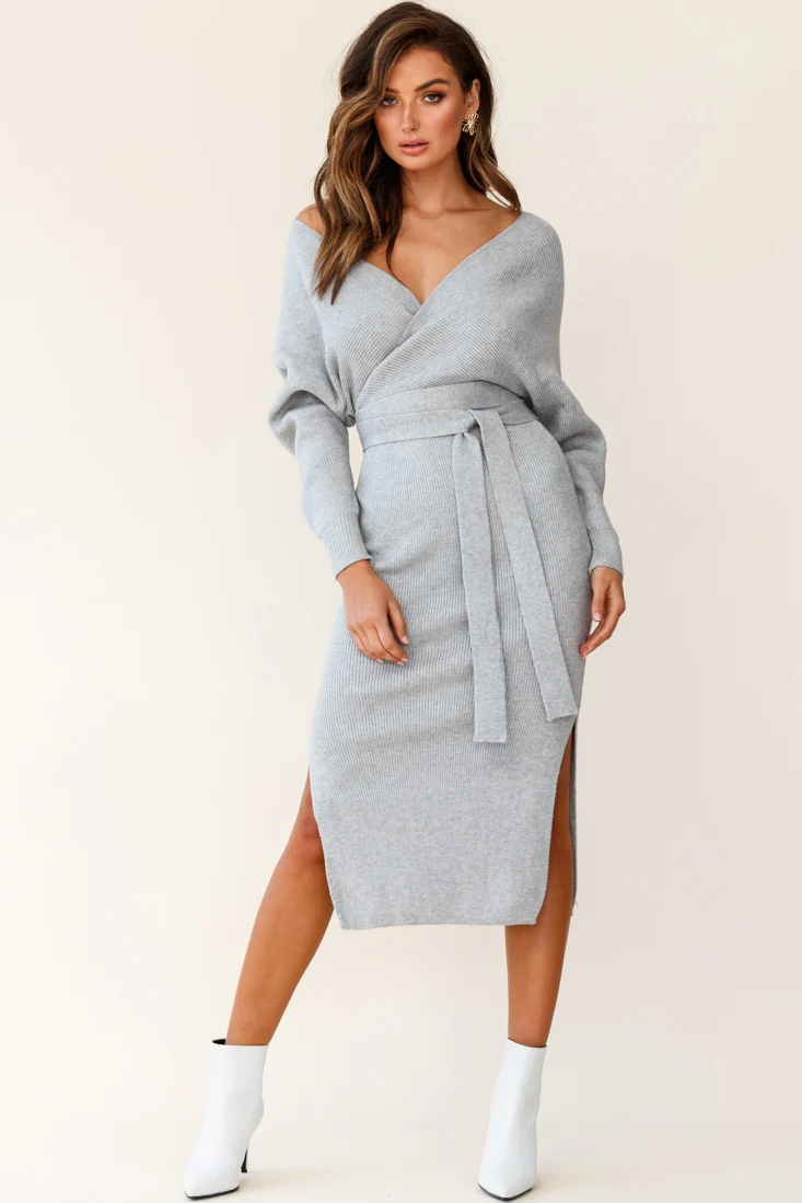 Cameo Batwing Knit Midi Dress Grey - Sonourner