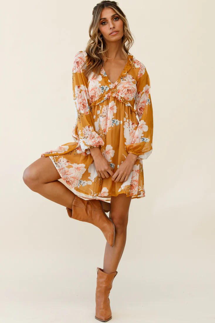 Cutie Pie Long Sleeve Babydoll Dress Rose Print Mustard - Sonourner