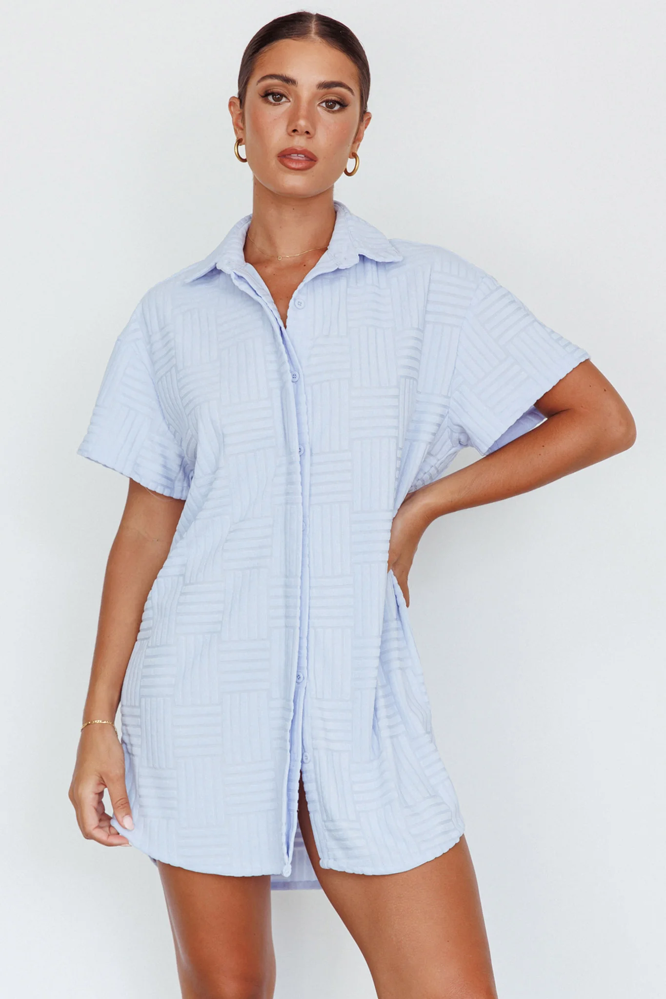 Sun Time Textured Shirt Dress Blue - Sonourner