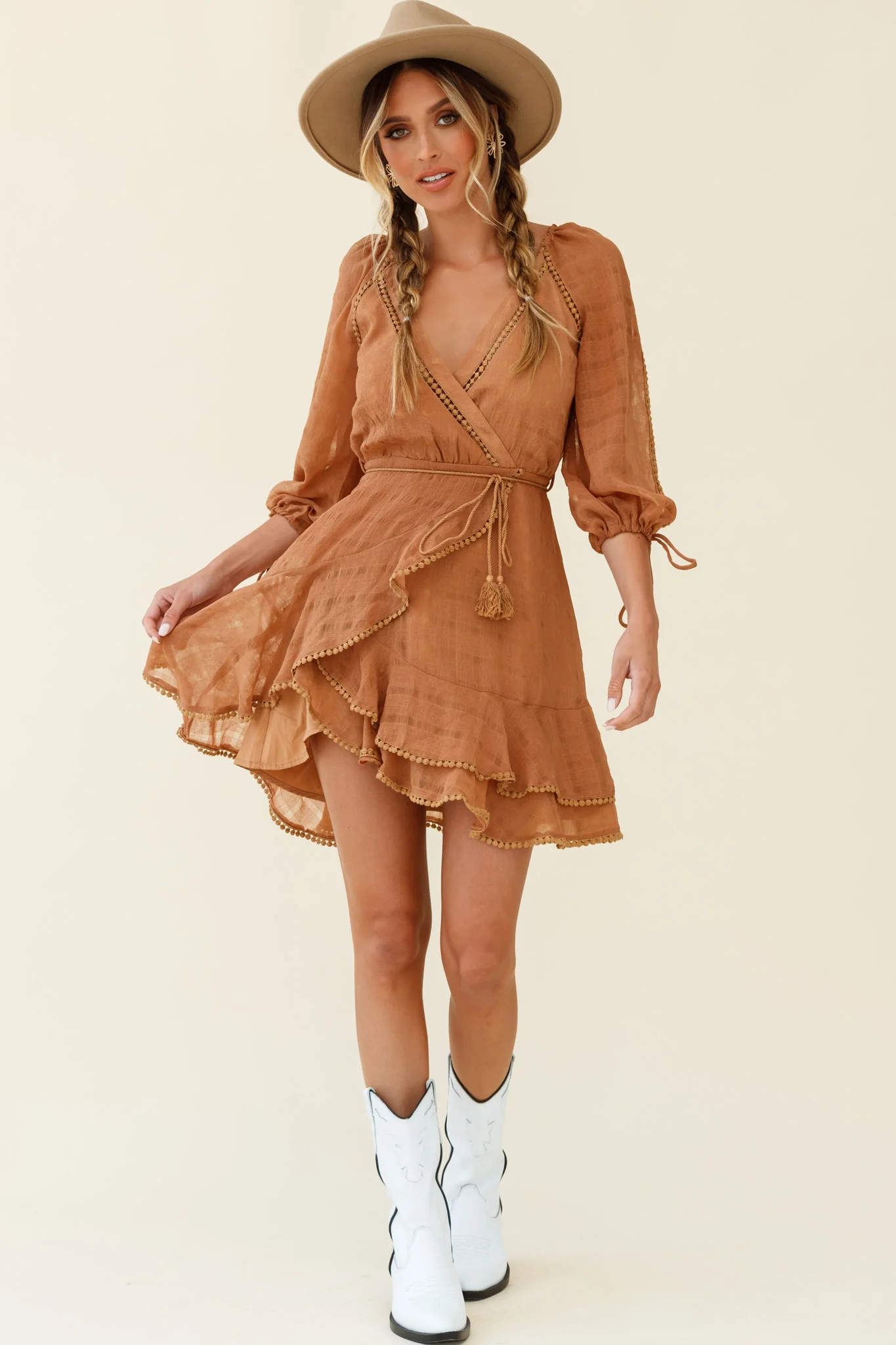 Wilde Balloon Sleeve Crochet Trim Dress Tan - Sonourner