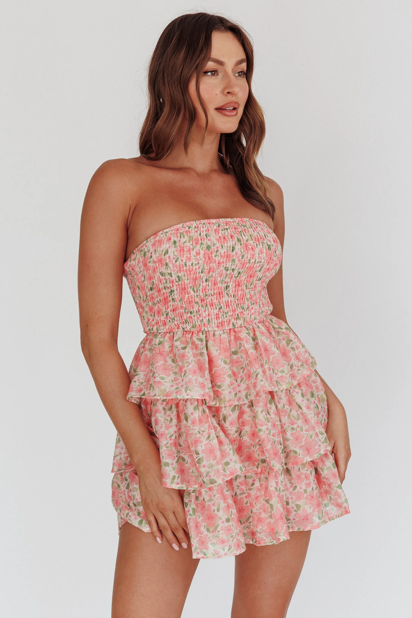 Like Angels Shirred Bodice Ruffle Mini Dress Pink - Sonourner