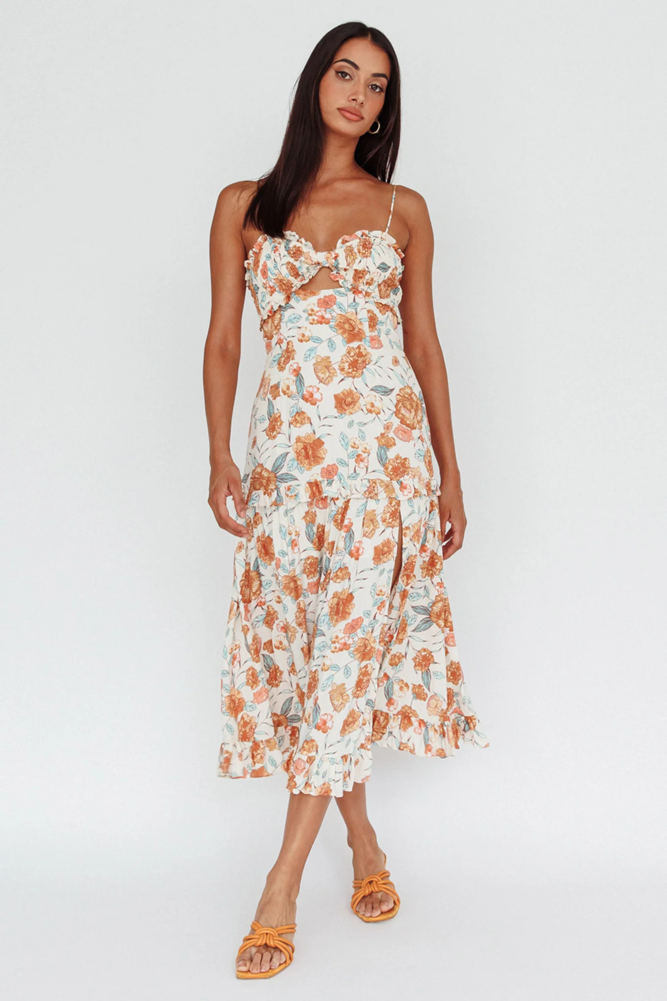 Everglow Shirred Bust Midi Dress Floral Beige - Sonourner