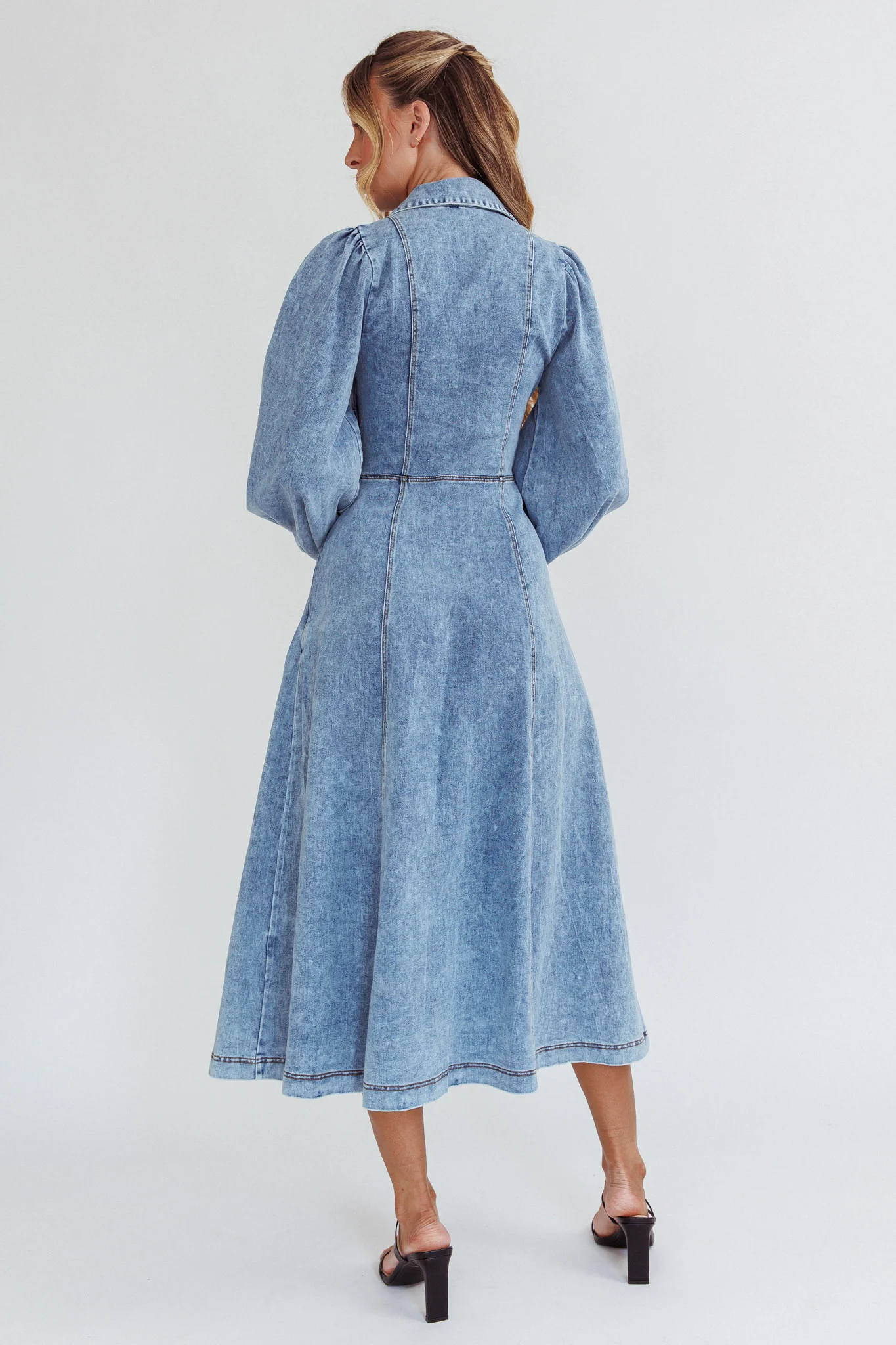 Ania Long Balloon Style Midi Dress Denim Blue - Sonourner
