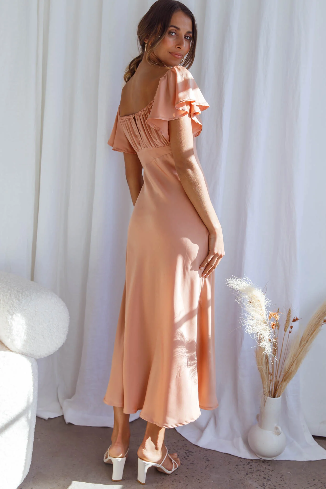 Park Avenue Flutter Sleeve Side Split Midi Dress Apricot - Sonourner