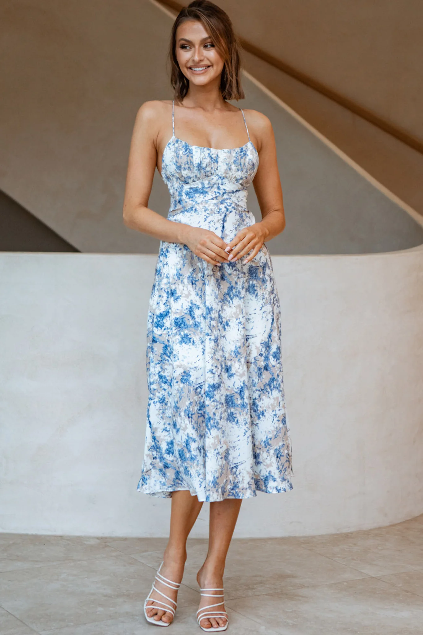 Linka Cami Strap Midi Dress Marble Print Blue - Sonourner