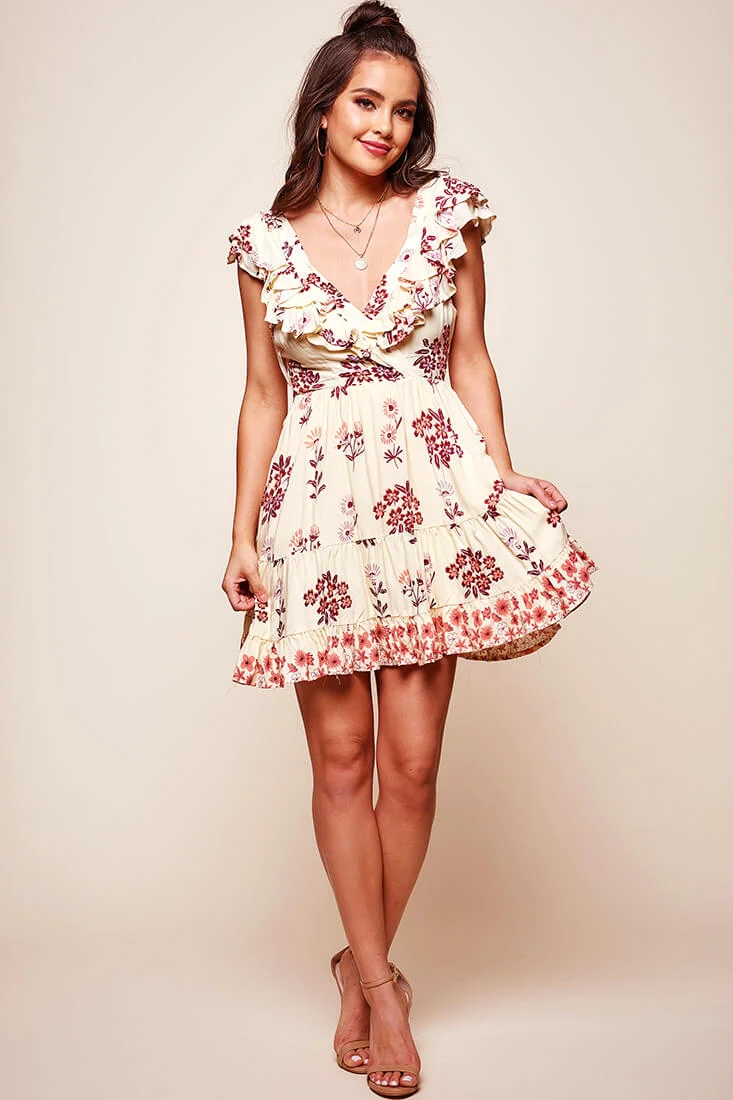 Flora Ruffle V-front Babydoll Dress Beige - Sonourner