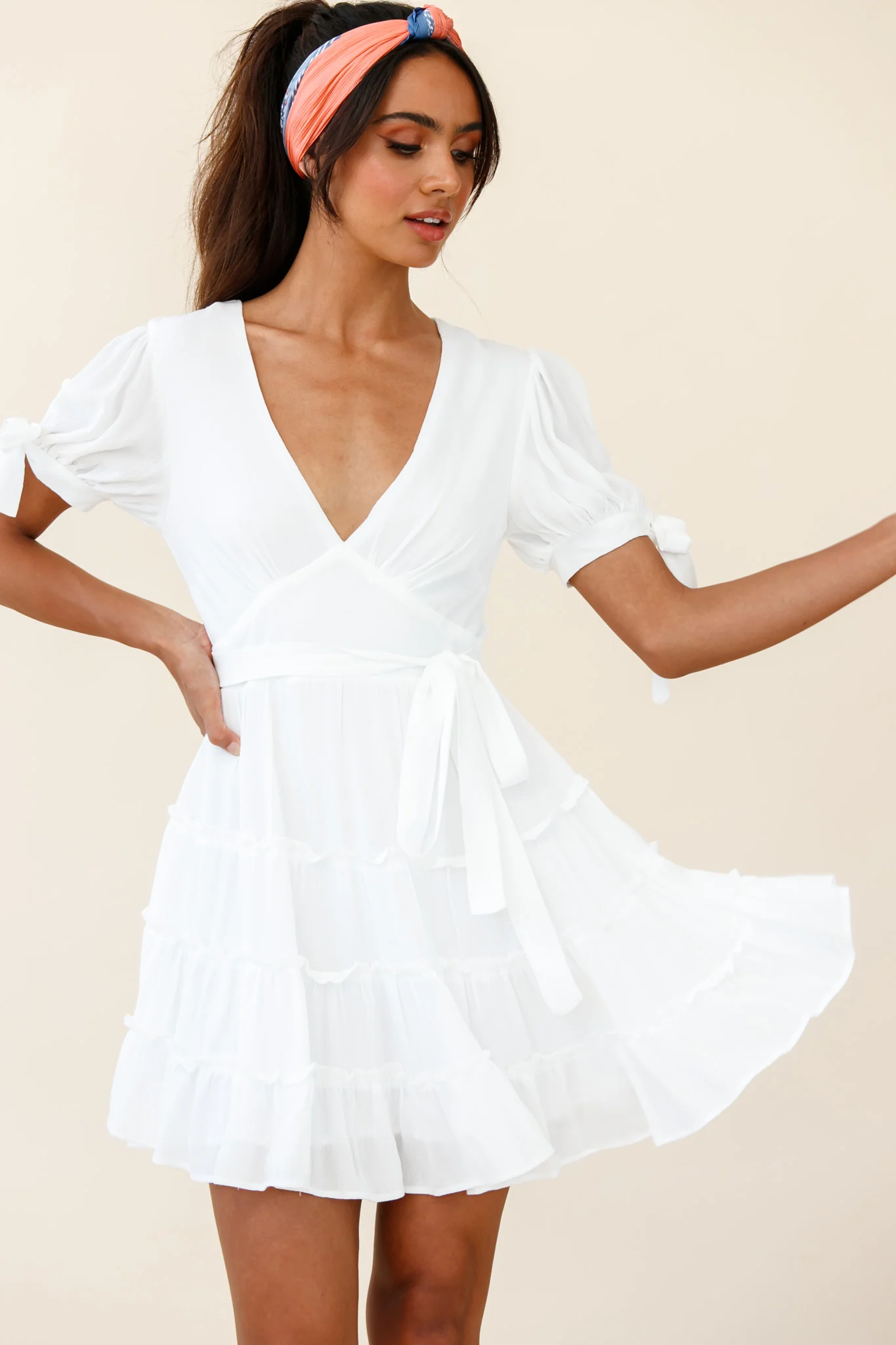 Jocelyn Short Sleeve Tied Cuff Layered Ruffle Dress White - Sonourner