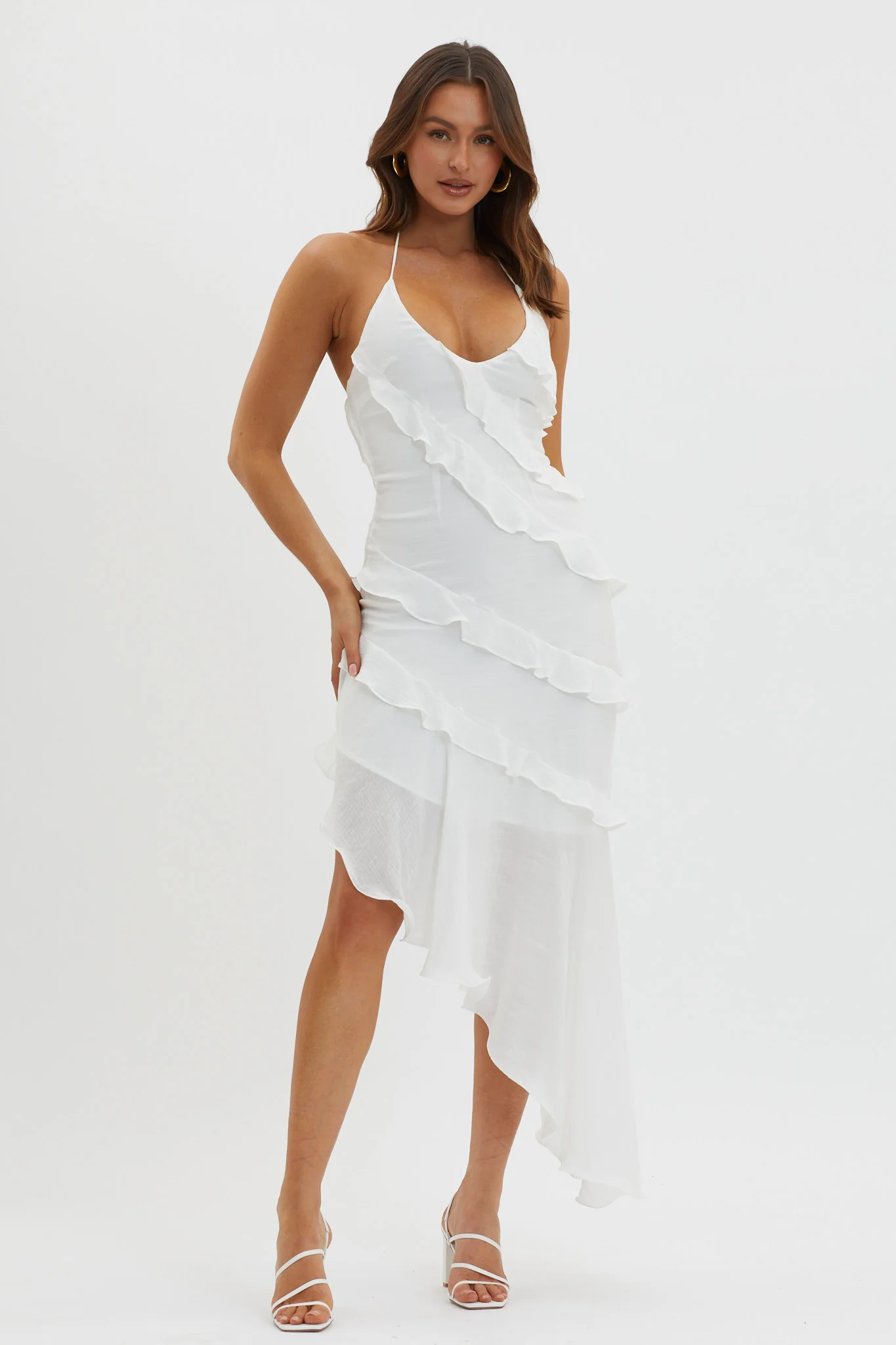 Arrabel Tiered Ruffle Asymmetric Midi Dress White - Sonourner