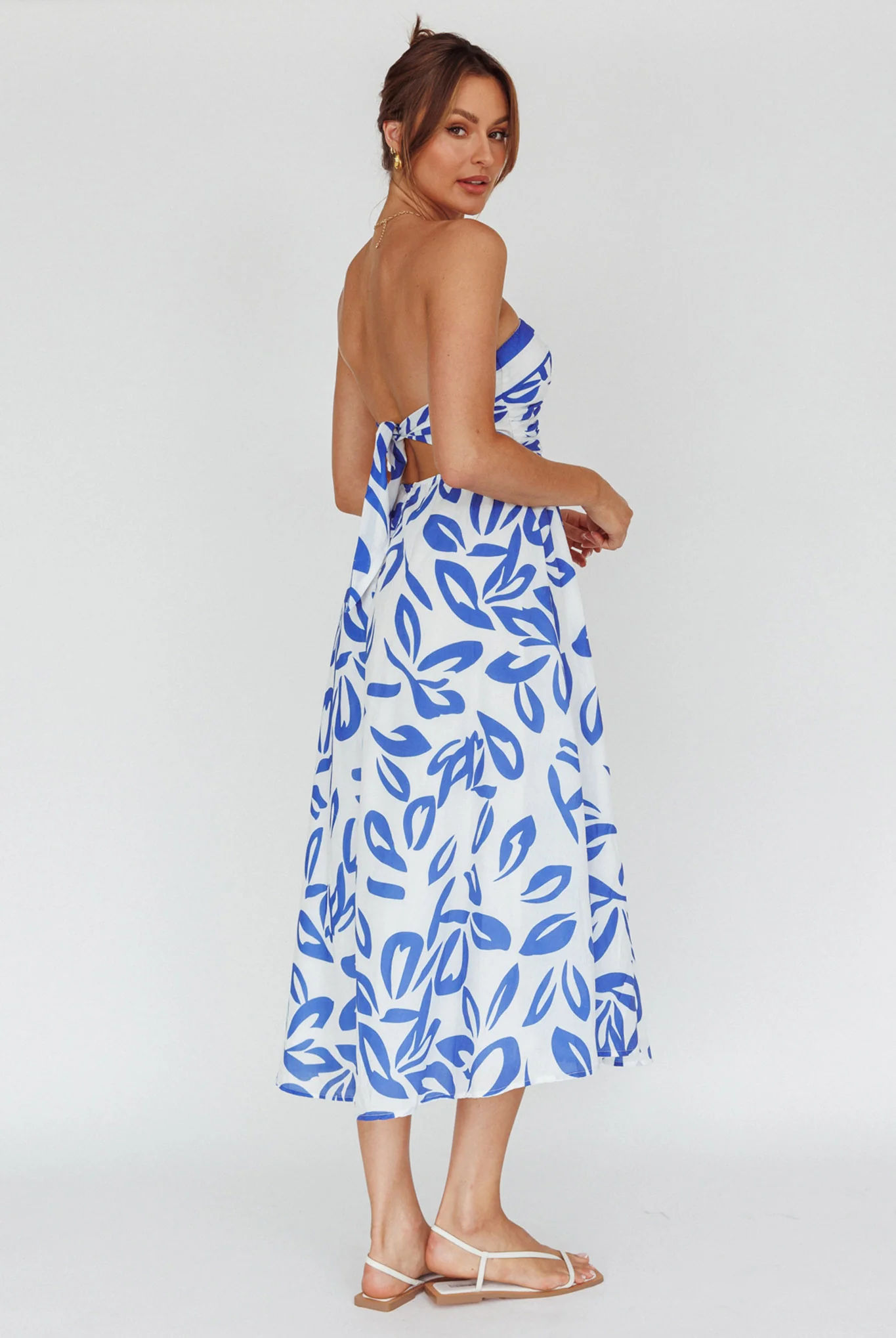 Randi Tie-Back Maxi Dress Leaf Print Blue - Sonourner