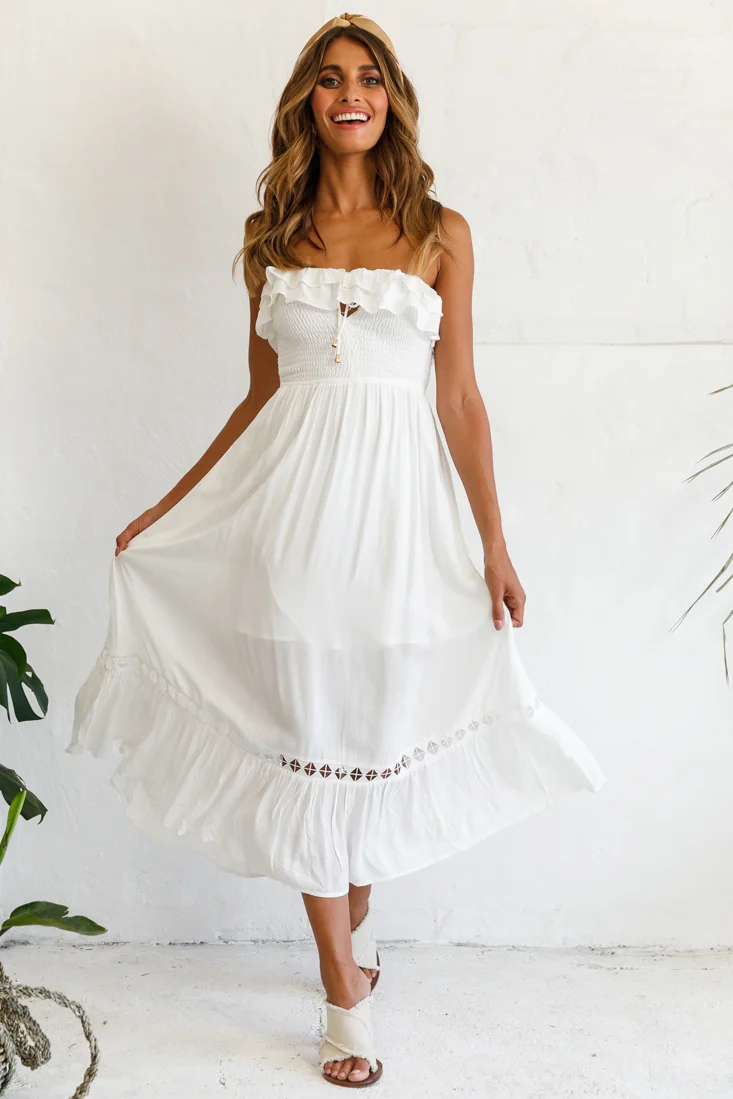 Daydream Shirred Bust Frill Trim Maxi Dress White - Sonourner