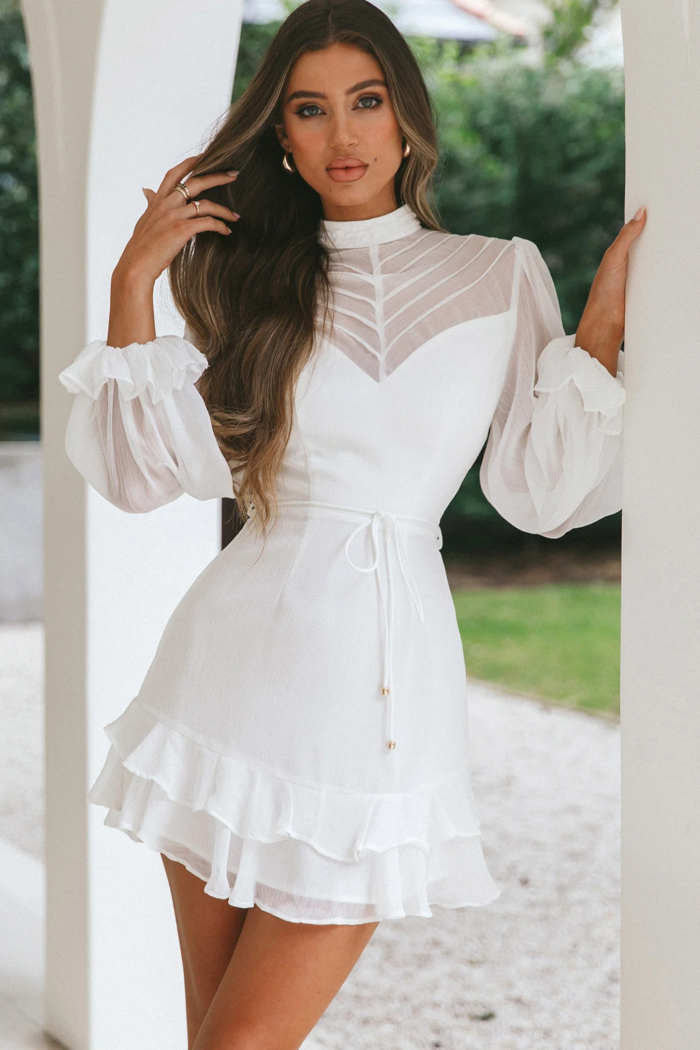 Lark High Neck Balloon Sleeve Dress White - Sonourner