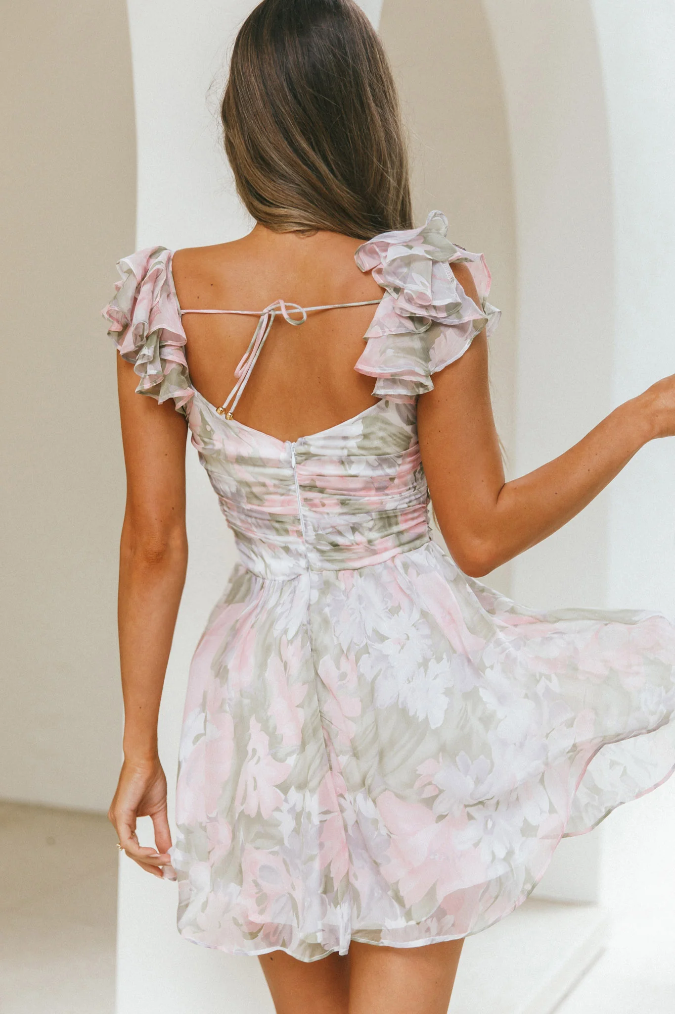 Lola Ruffle Shoulder Ruched Dress Watercolor Floral Pink Multi - Sonourner