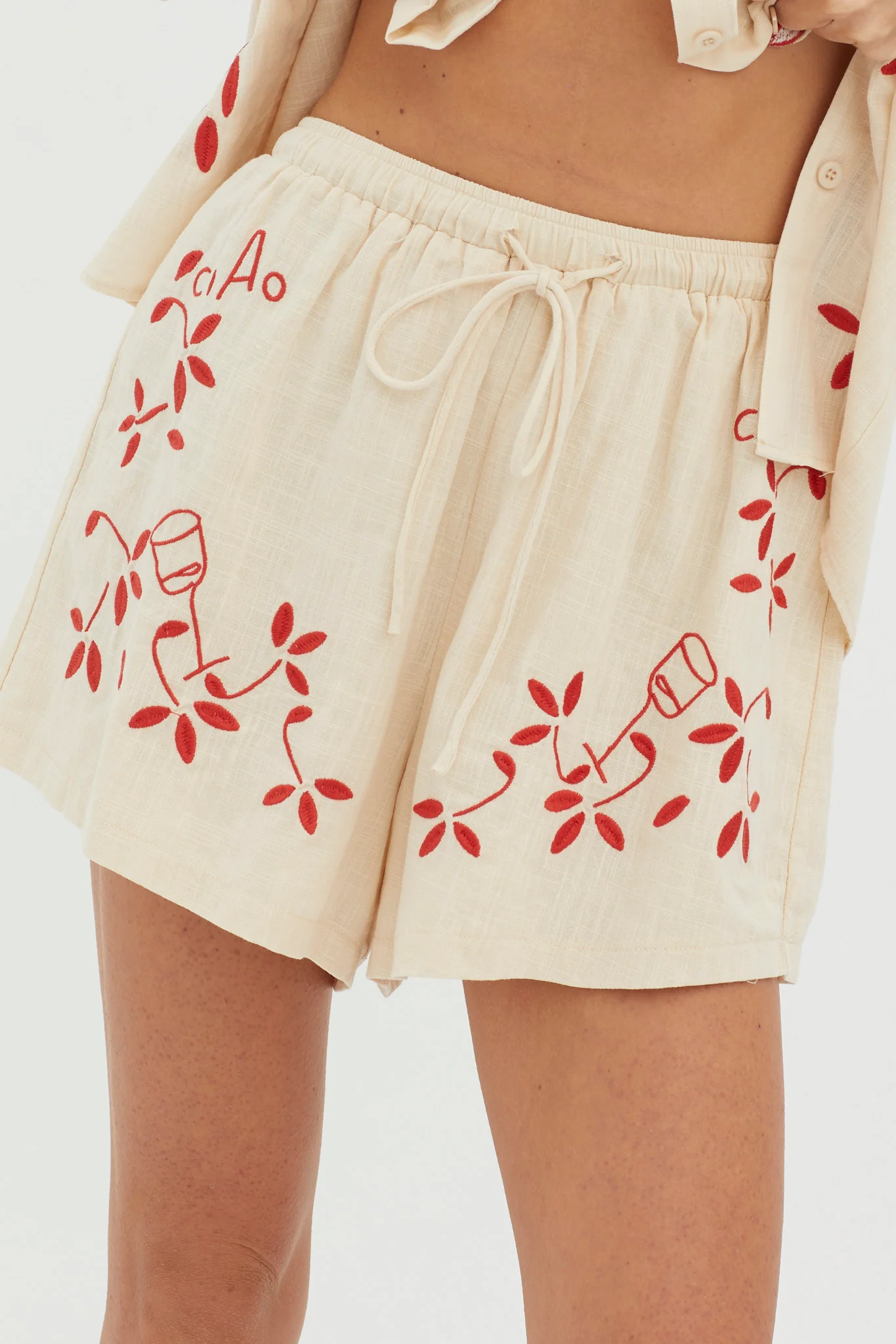 Ciao Ciao Embroidered Drawstring Shorts Oat - Sonourner