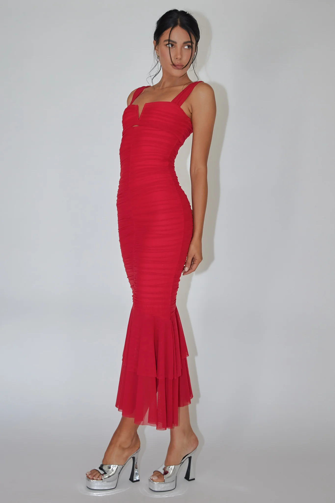 Nadia Ruched Fishtail Maxi Dress Red - Sonourner