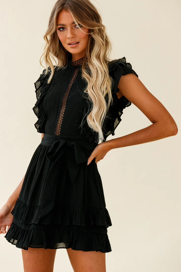 Oakland High Neck Ruffle Detail Dress Black - Sonourner