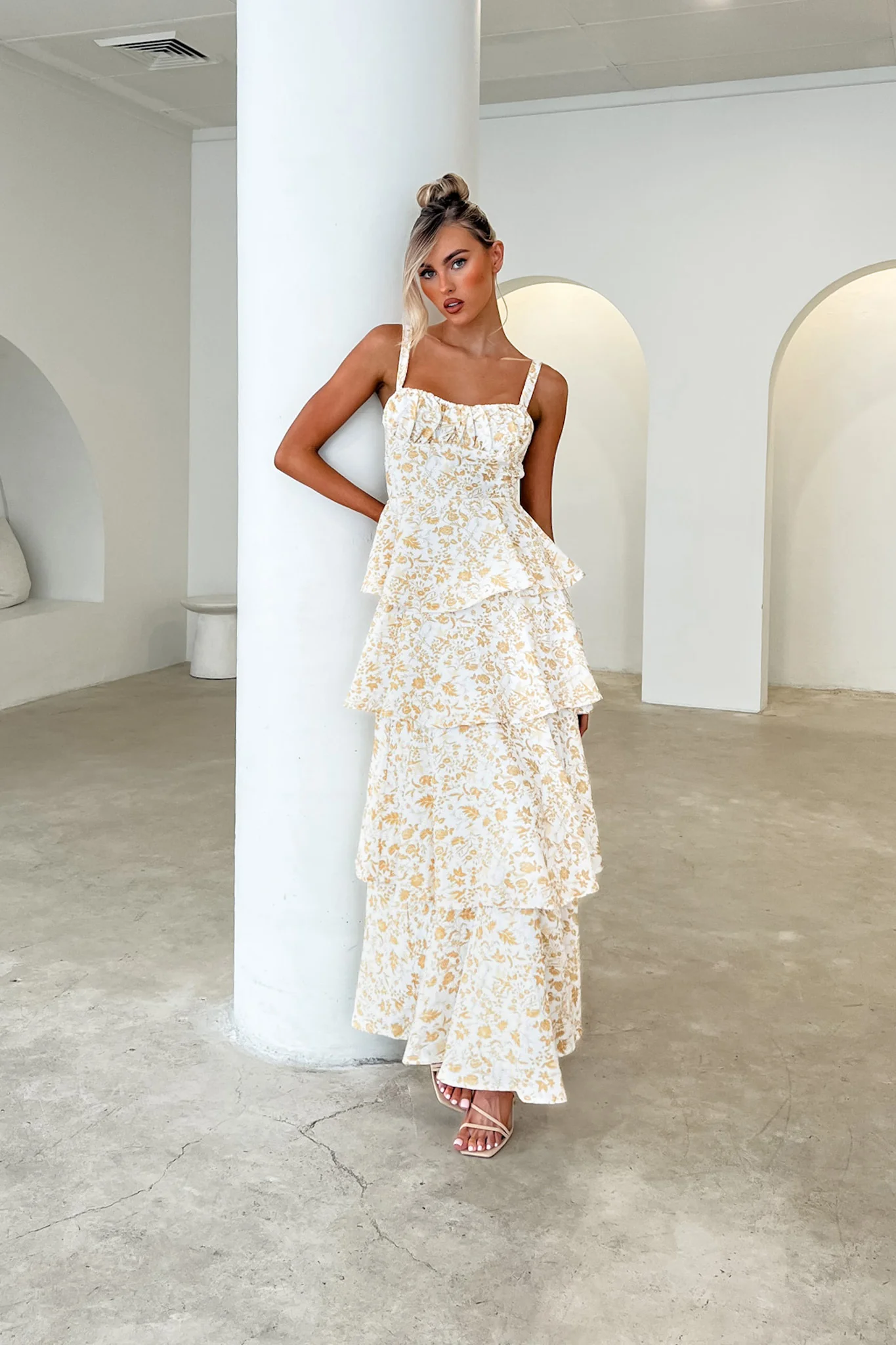 Provence Bloom Tiered Midi Dress Floral Yellow - Sonourner