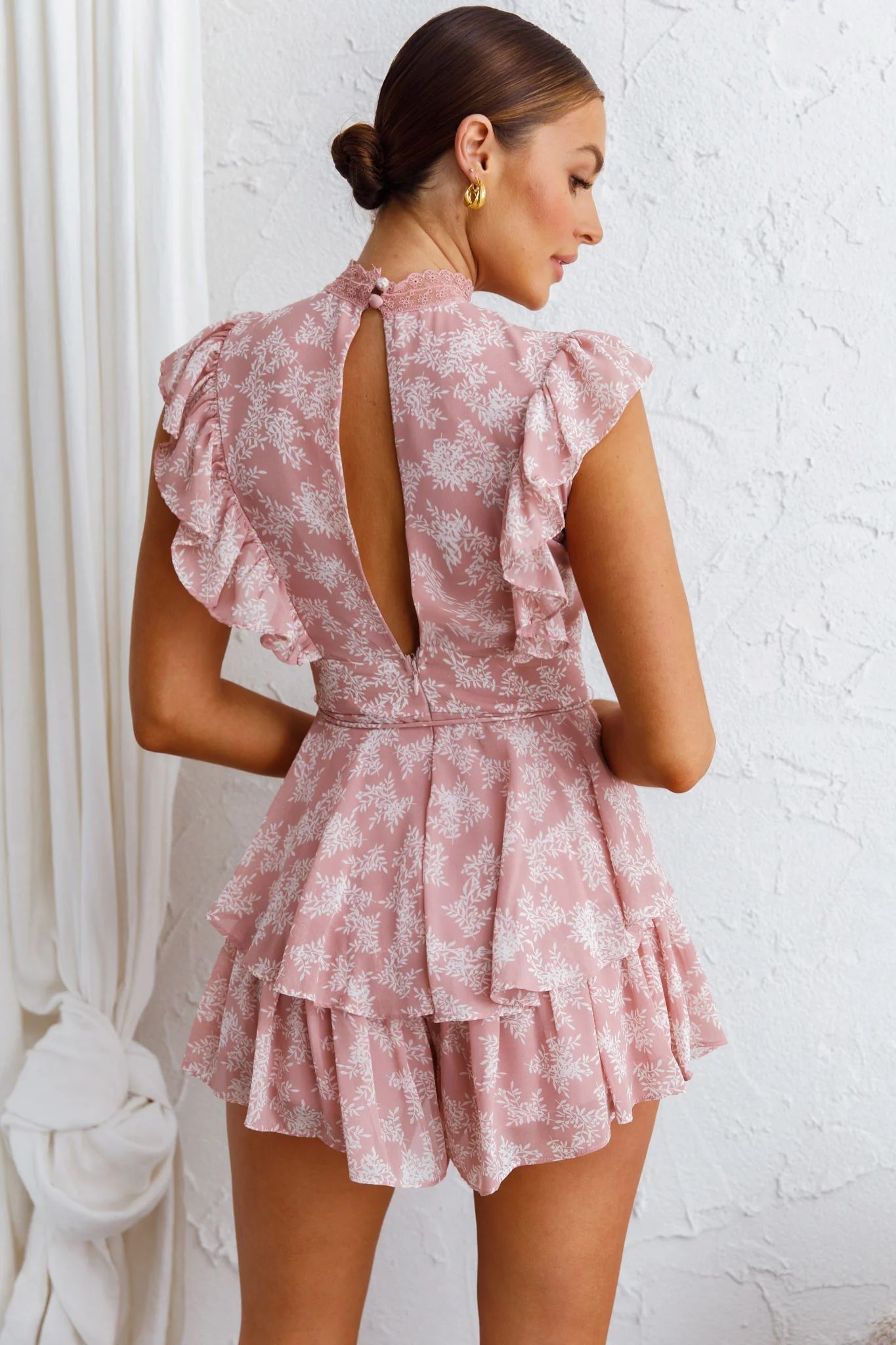 Nellie Lace Bust High Neck Romper Floral Blush - Sonourner