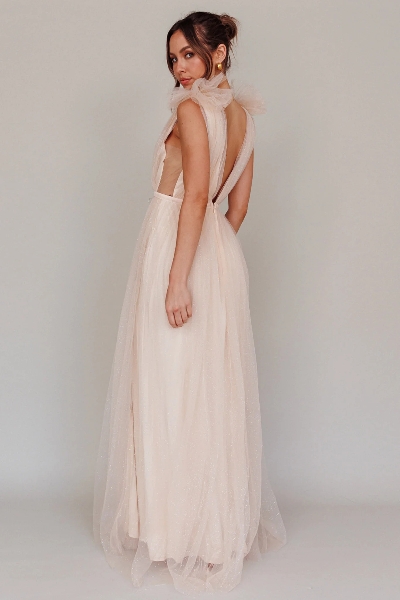 Ludivine Shoulder Accent Mesh Midi Dress Glitter Champagne - Sonourner