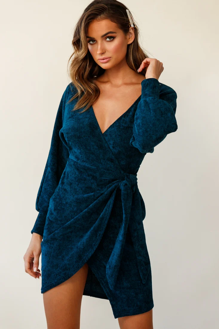 Isolde Ribbed Velour Wrap Dress Teal - Sonourner
