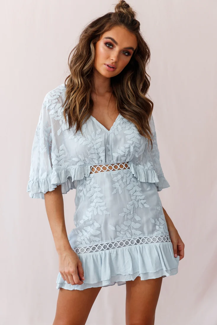 Caspar Leafy Embroidered Dress Baby Blue - Sonourner