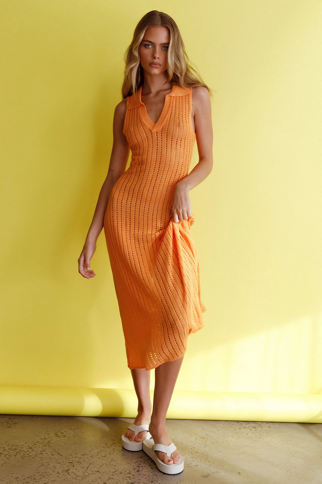 Palm Island Collared Crochet Midi Dress Mango - Sonourner