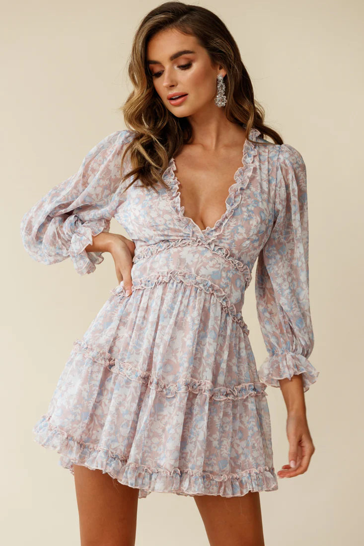 Laney Cutout Back Ruffle Trim Dress Floral Print Pink/Blue - Sonourner