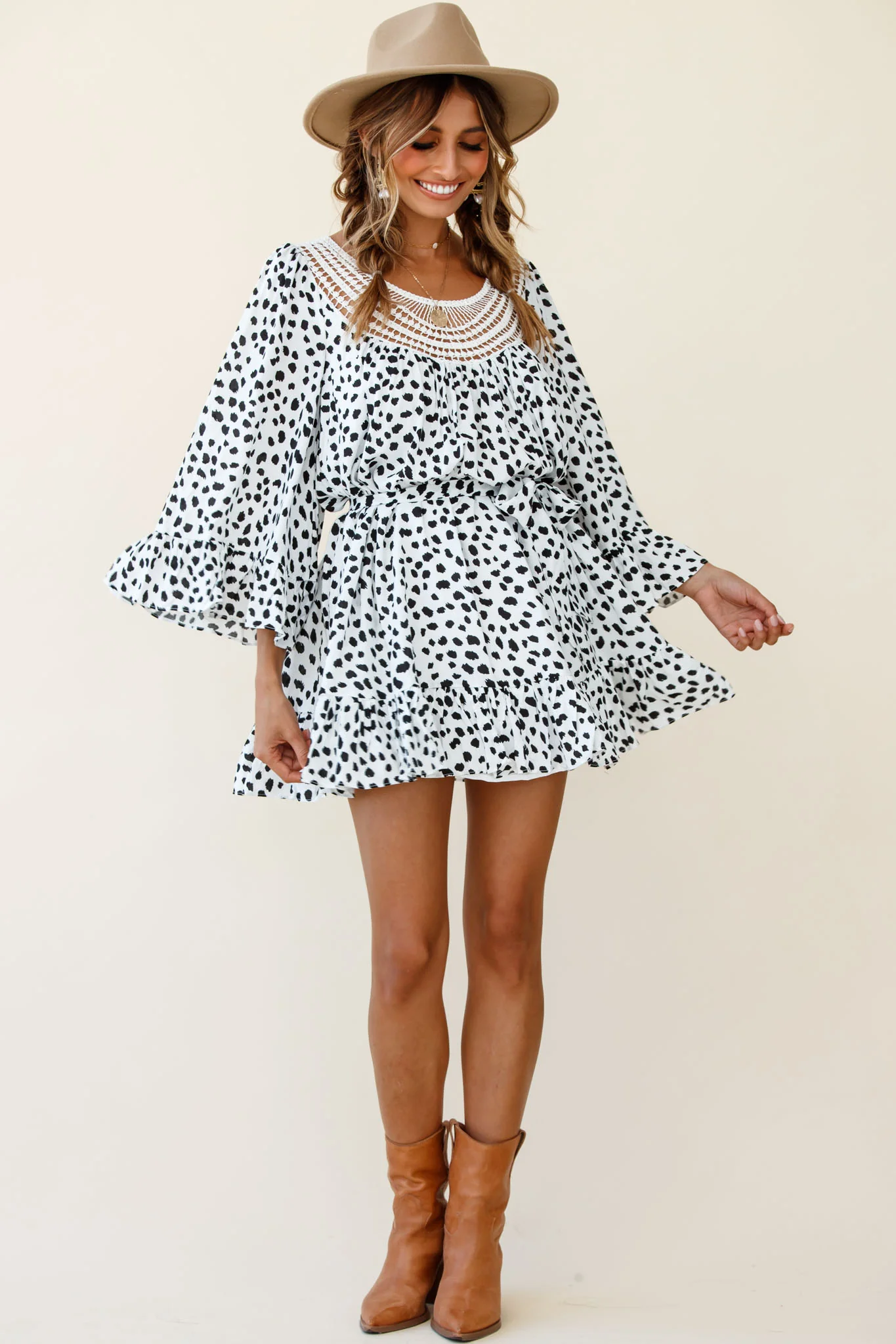 Turn Back Time Long Sleeve Crochet Neckline Dress Animal Print White/Black - Sonourner