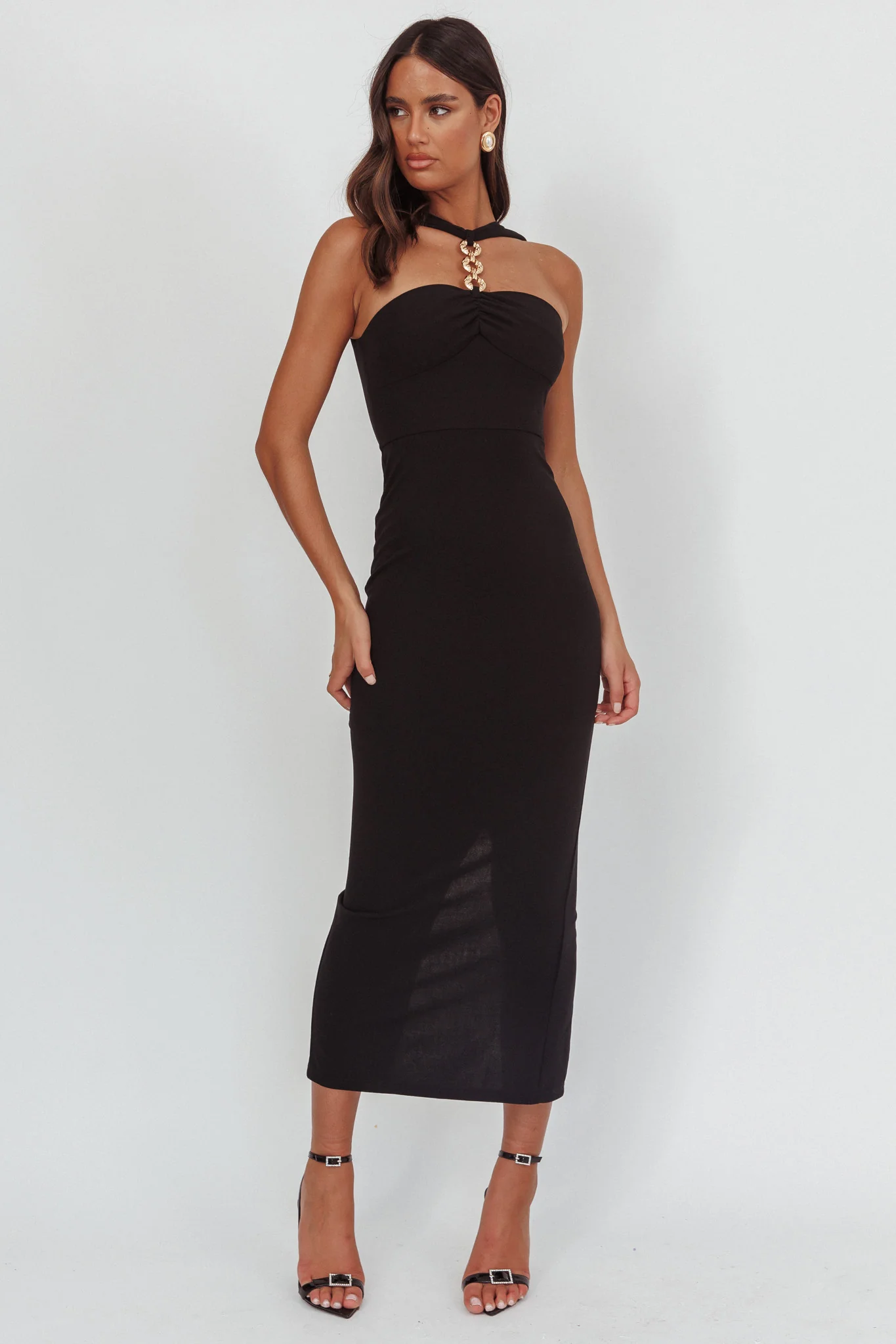 Maretha Gold Link Neckline Maxi Dress Black - Sonourner