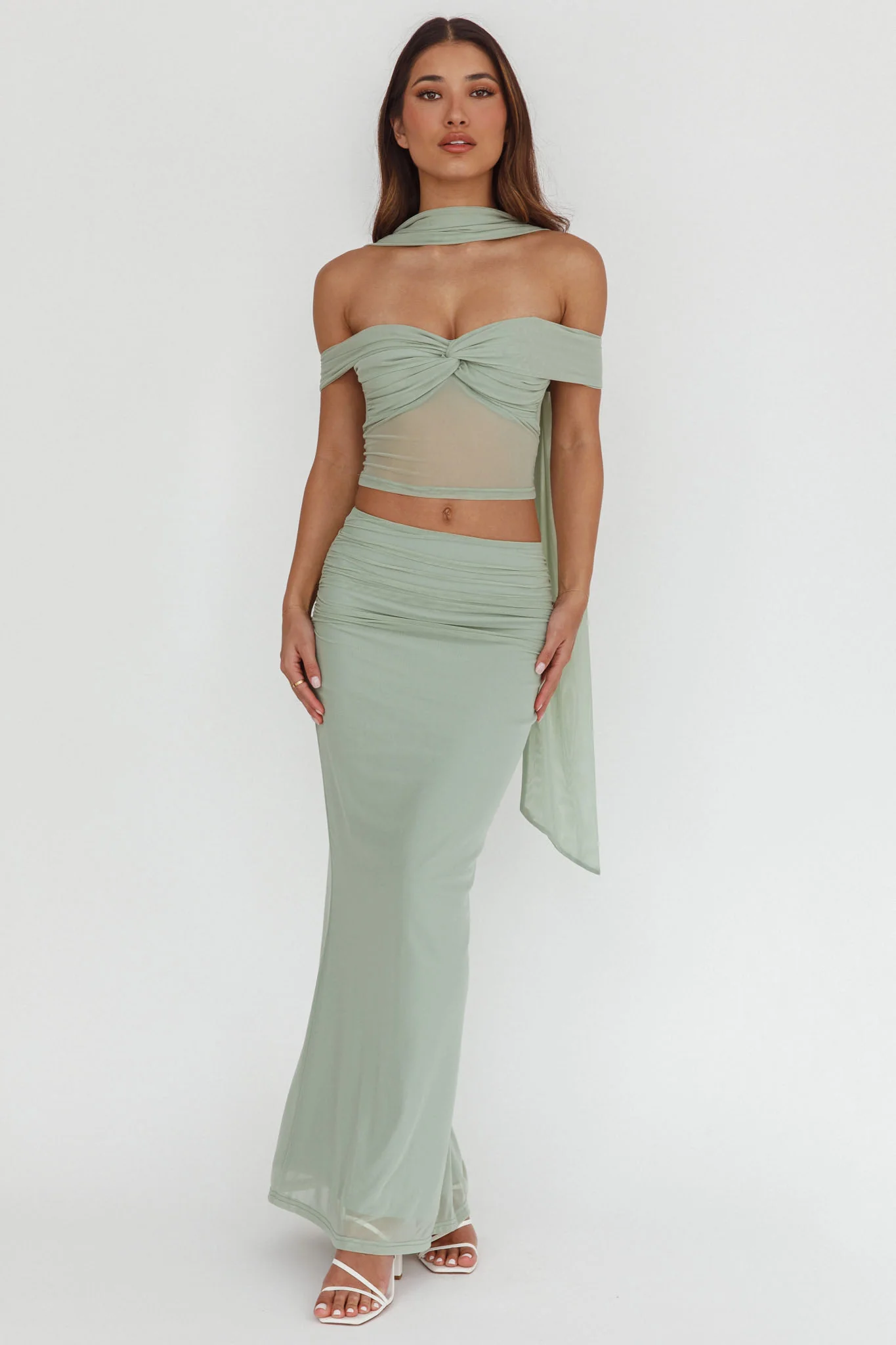 All The Lights Ruched Midi Skirt Sage - Sonourner