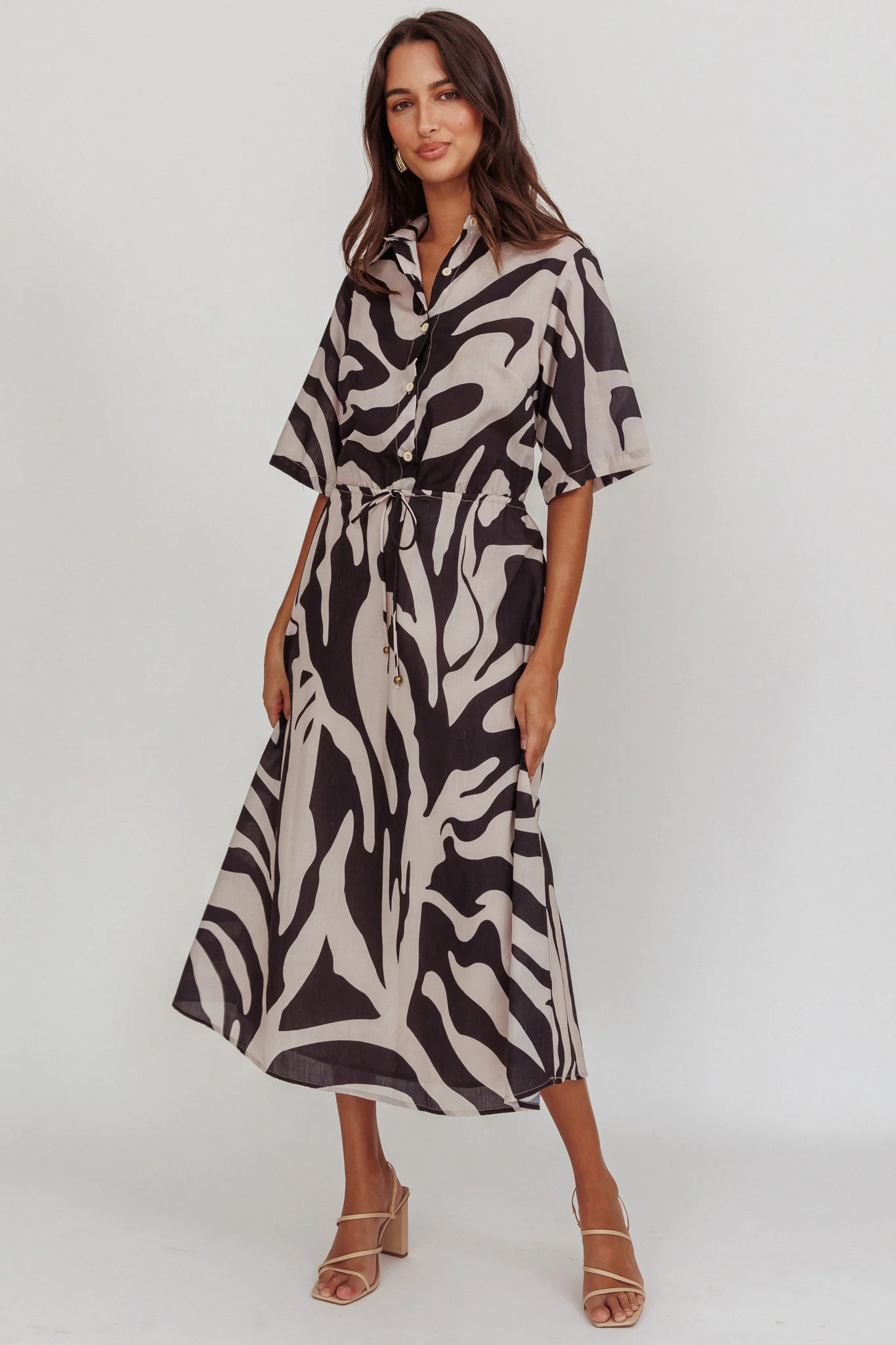 Tiki Boxy Sleeve Print A-line Midi Dress Beige - Sonourner