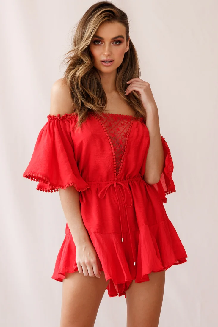 Yonna Off-Shoulder Mesh Detail Drawstring Romper Red - Sonourner