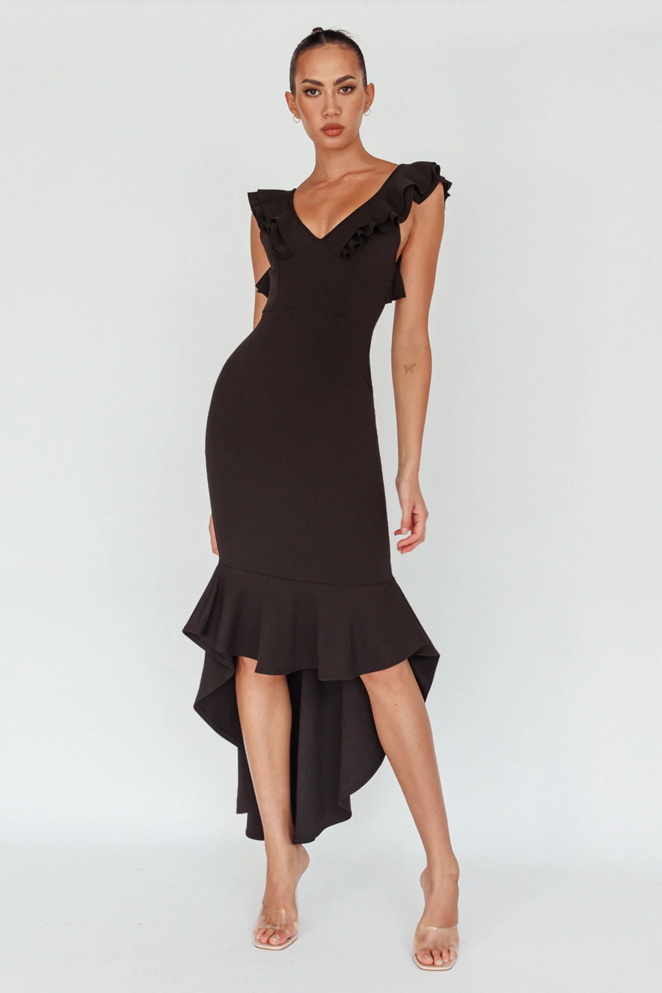 Pearl Ruffle Strap High-Low Hem Dress Black - Sonourner