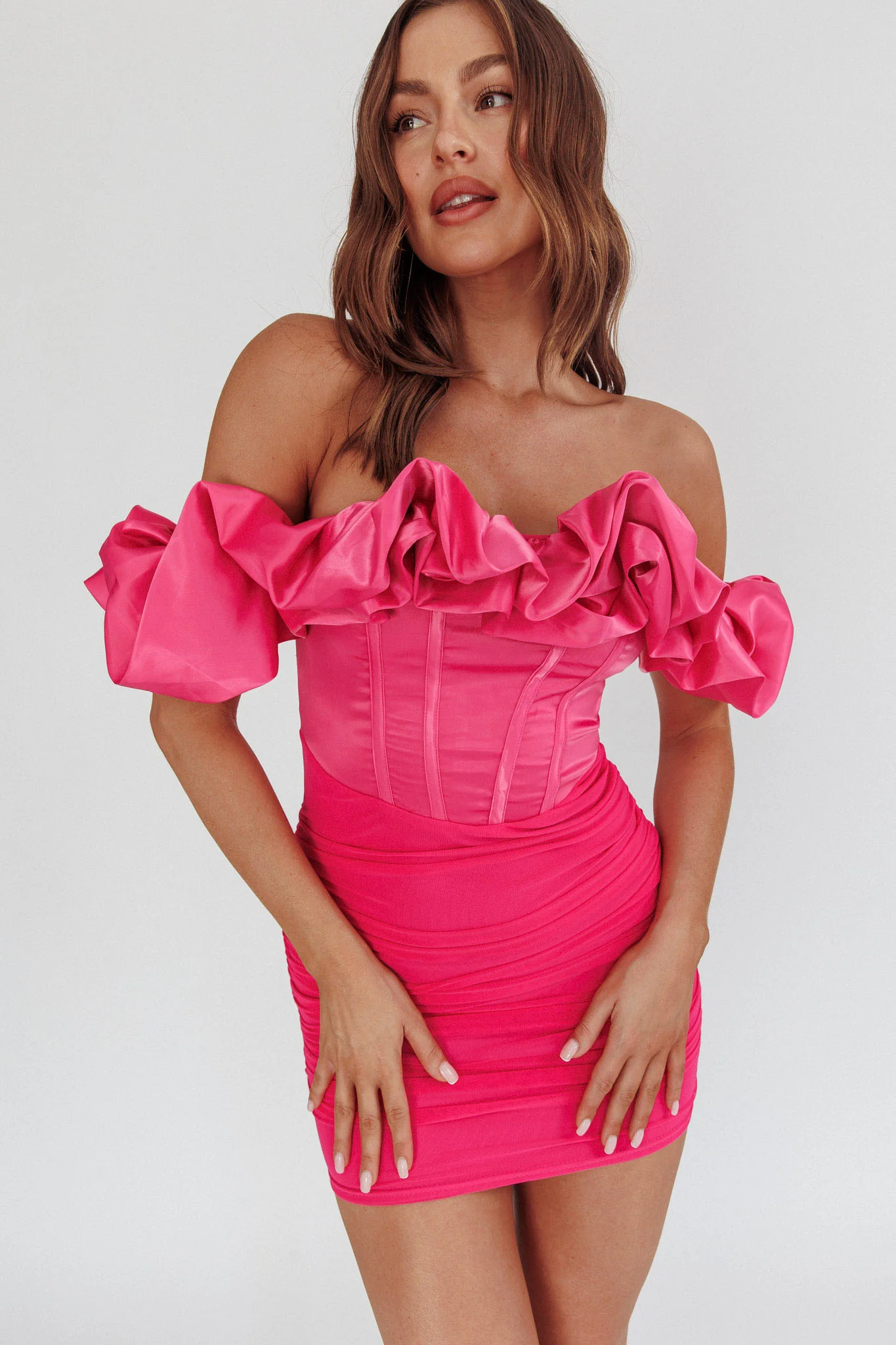 Arista Off-Shoulder Ruched Mini Dress Hot Pink - Sonourner